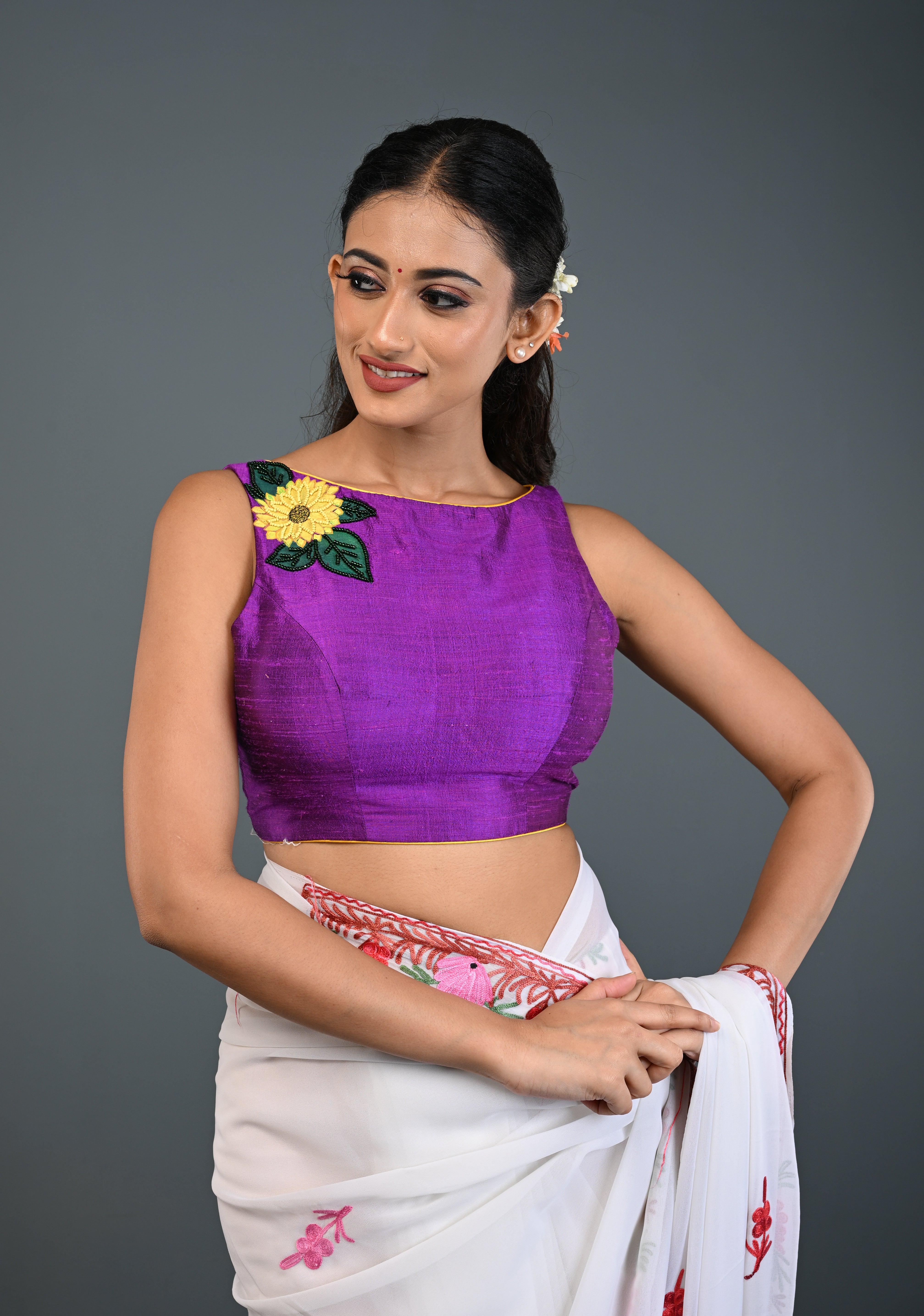 Purple Pure Raw Silk Sleeveless Blouse with Sunflower Handpainting, Beadwork and Back Cutout Design , Customizable, Made to Order | Shobitam