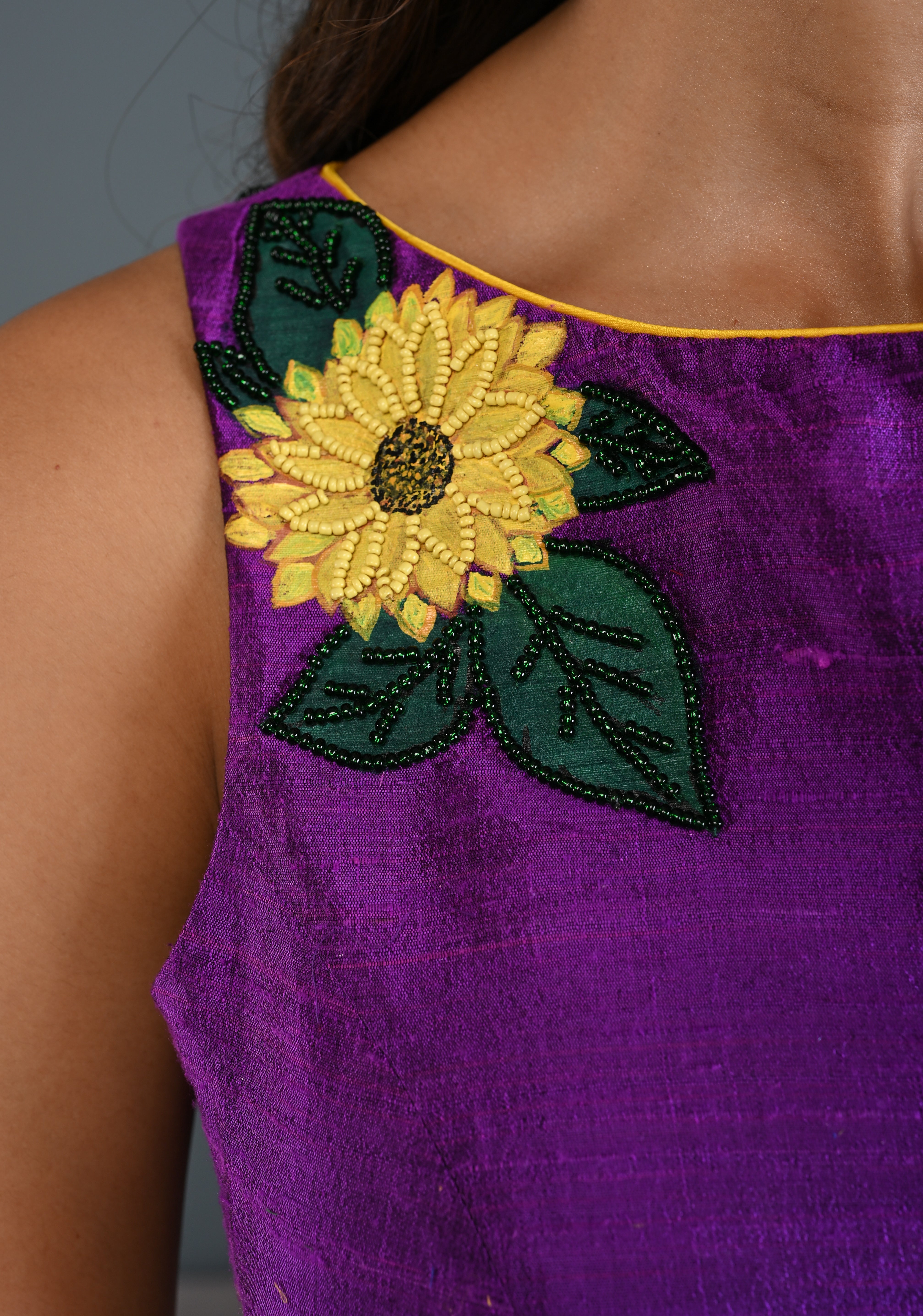 Purple Pure Raw Silk Sleeveless Blouse with Sunflower Handpainting, Beadwork and Back Cutout Design , Customizable, Made to Order | Shobitam