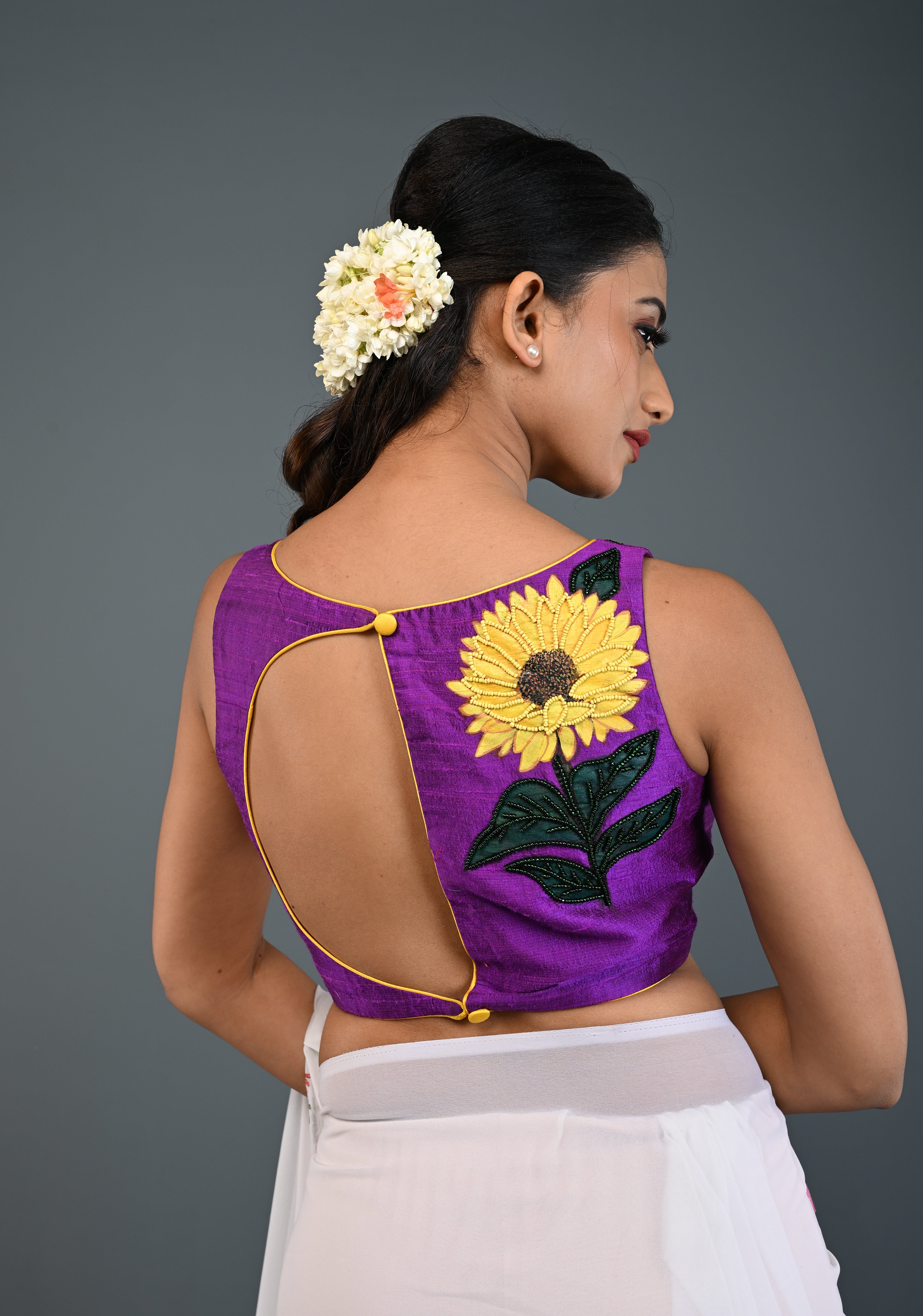 Purple Pure Raw Silk Sleeveless Blouse with Sunflower Handpainting, Beadwork and Back Cutout Design , Customizable, Made to Order | Shobitam