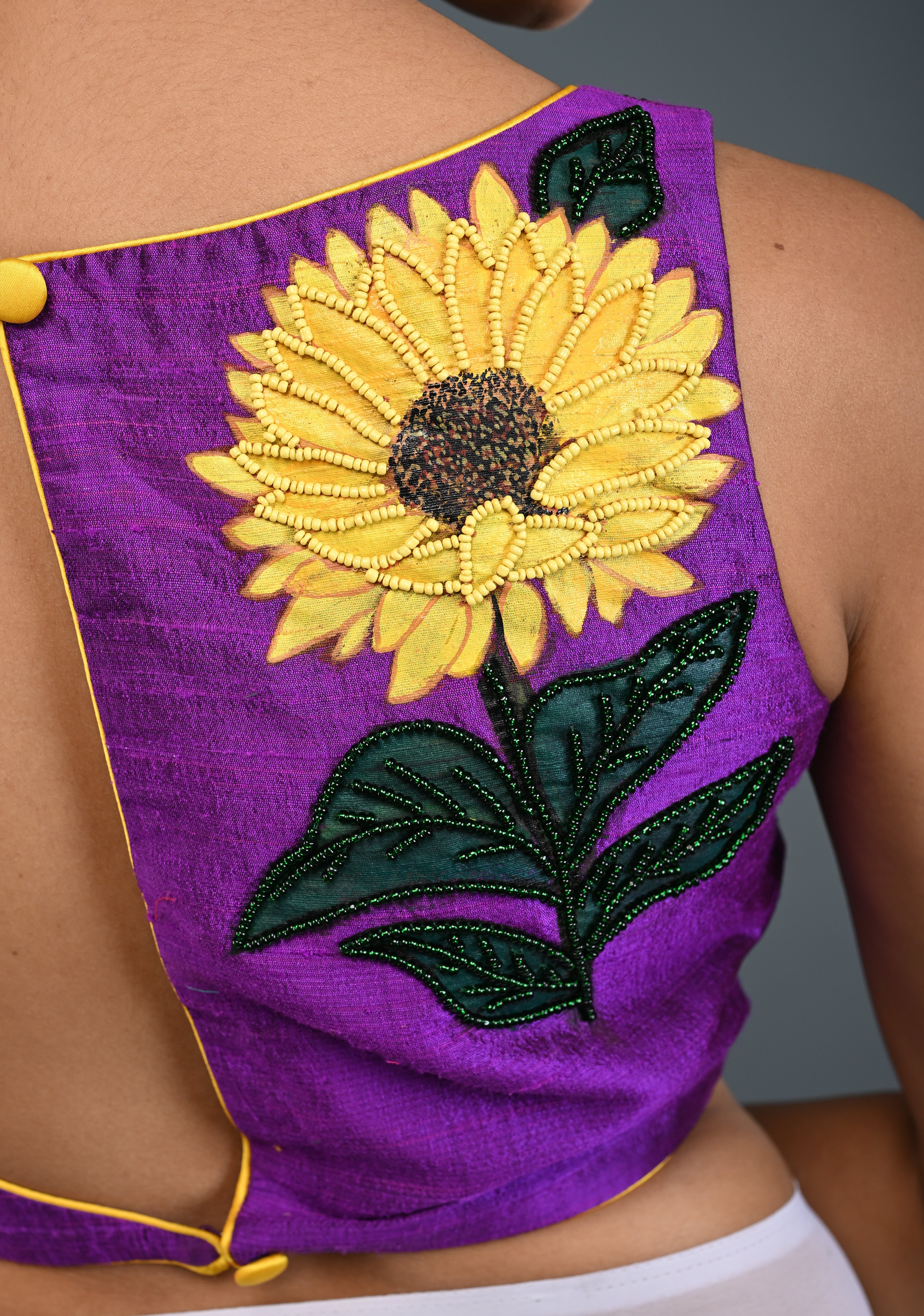 Purple Pure Raw Silk Sleeveless Blouse with Sunflower Handpainting, Beadwork and Back Cutout Design , Customizable, Made to Order | Shobitam