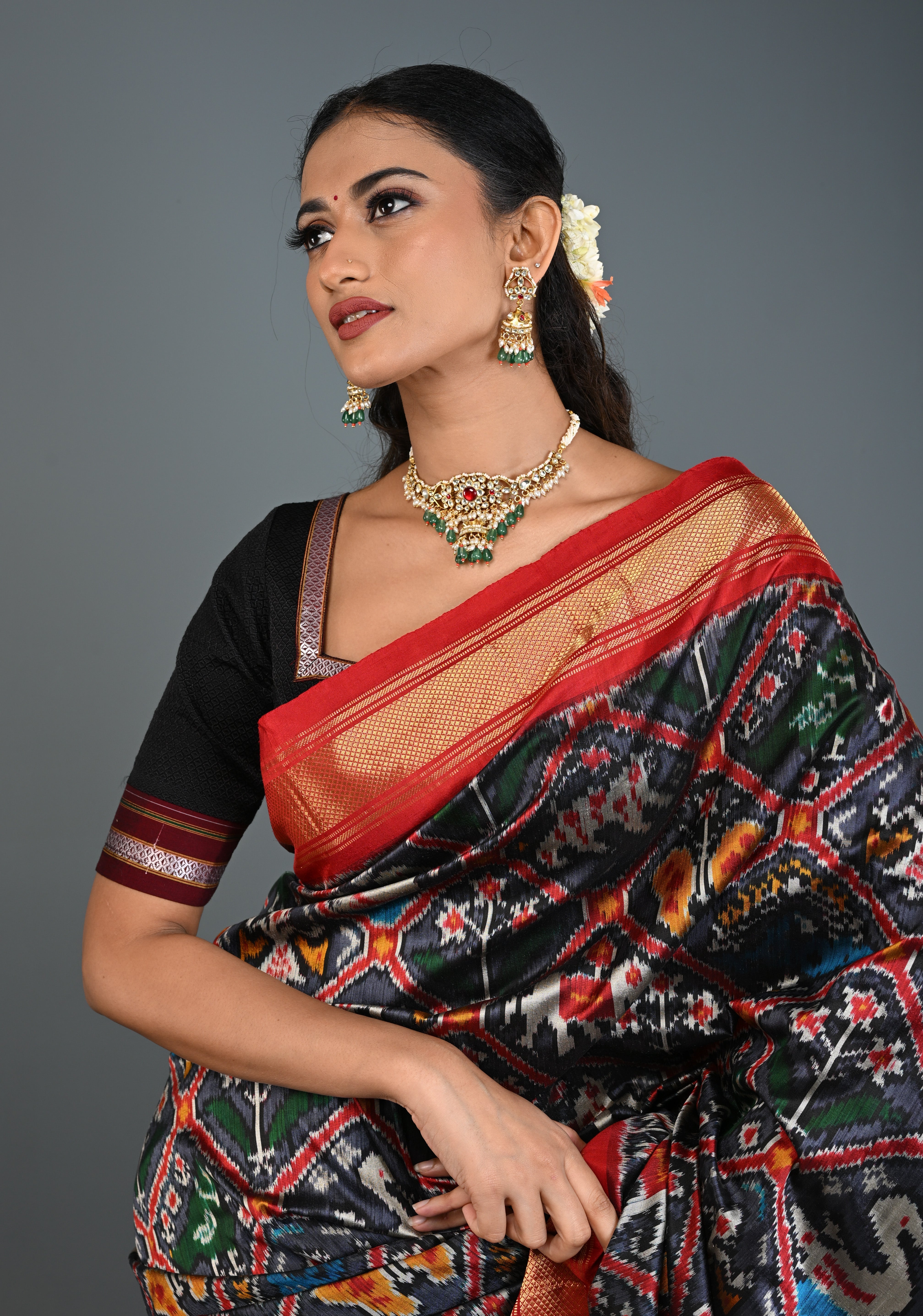 Ahmedabadi kundan multistrand necklace set with Floral Pendant and sage green dangling beads and pearls | SHOBITAM