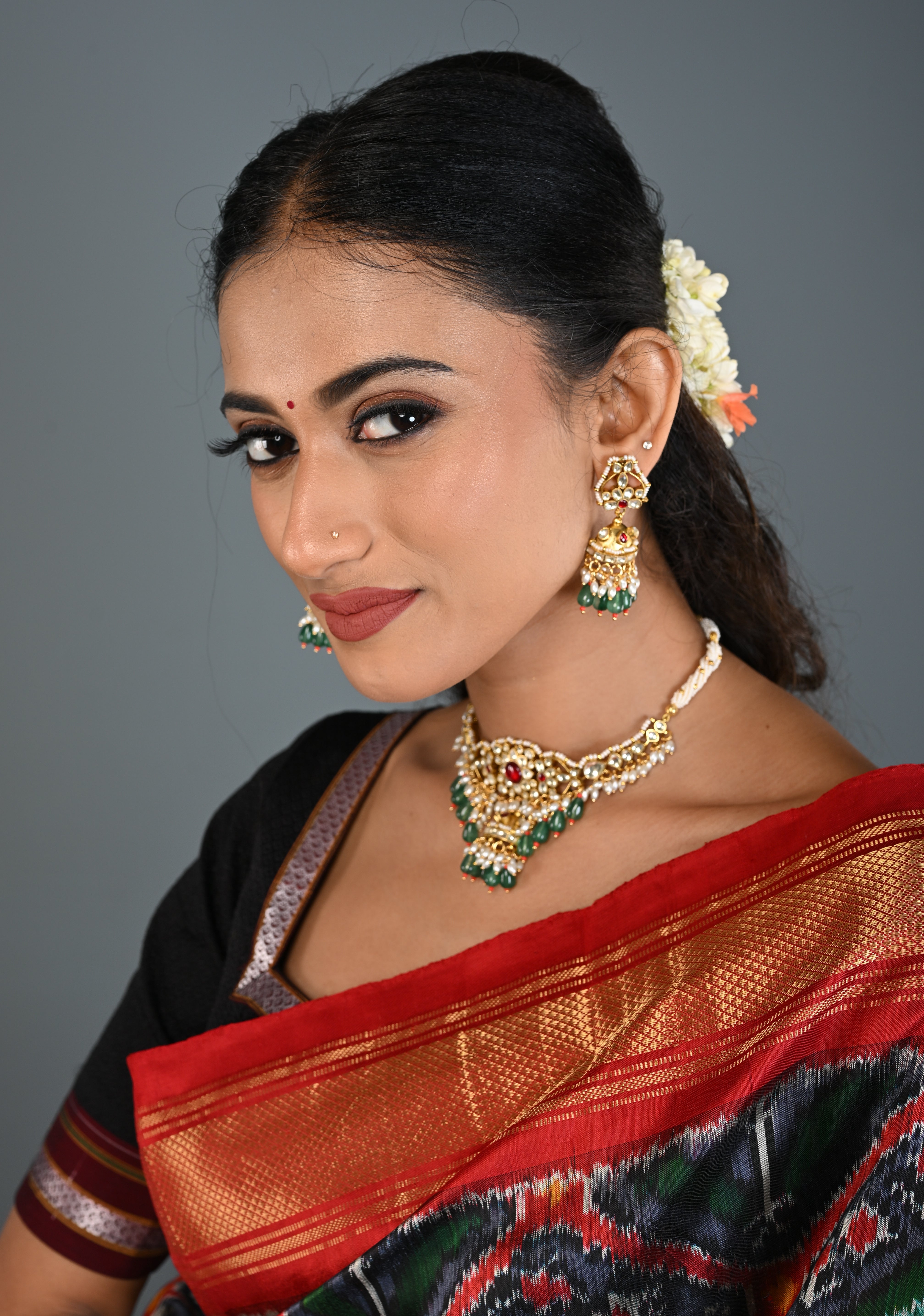 Ahmedabadi kundan multistrand necklace set with Floral Pendant and sage green dangling beads and pearls | SHOBITAM