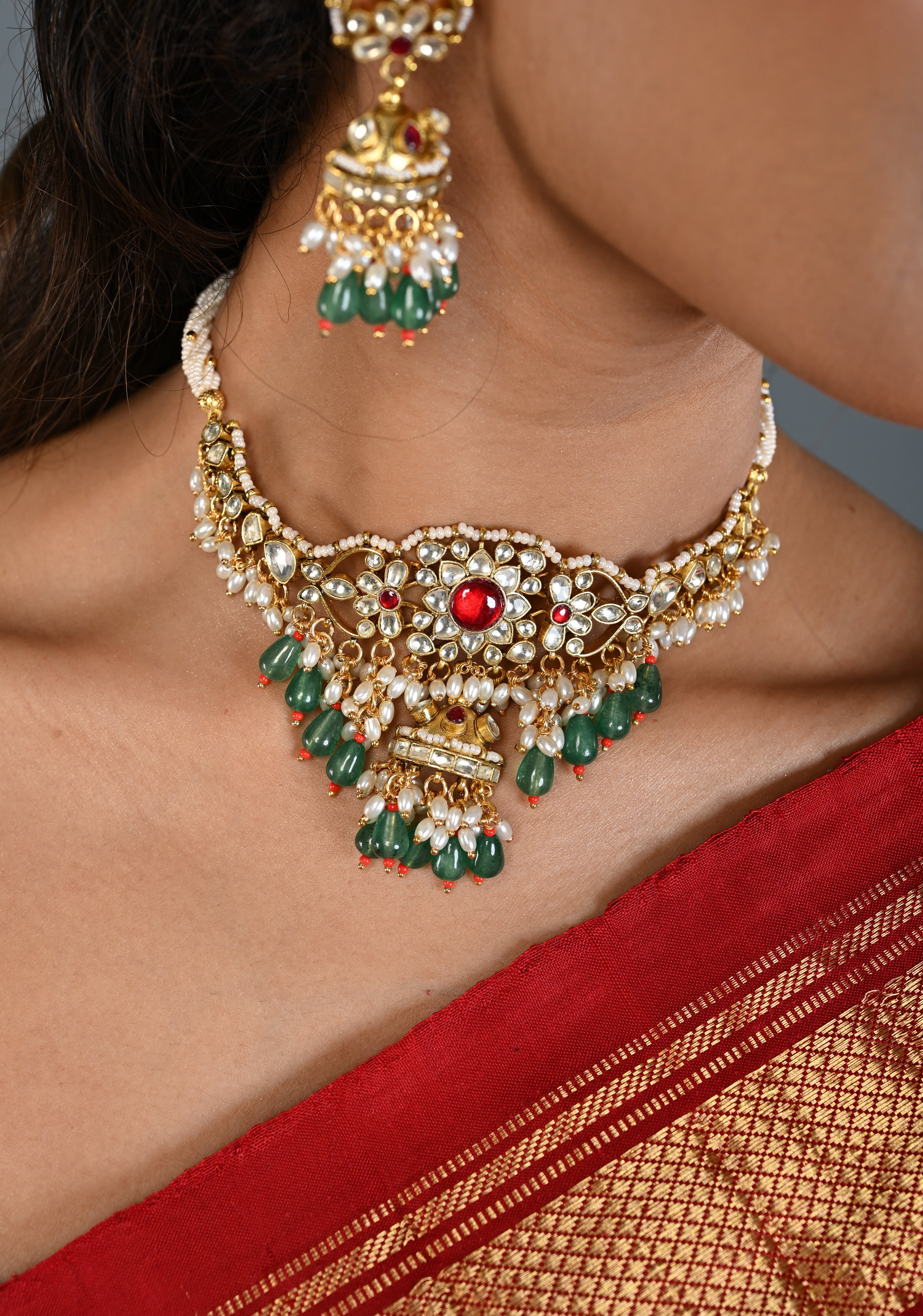 Ahmedabadi kundan multistrand necklace set with Floral Pendant and sage green dangling beads and pearls | SHOBITAM