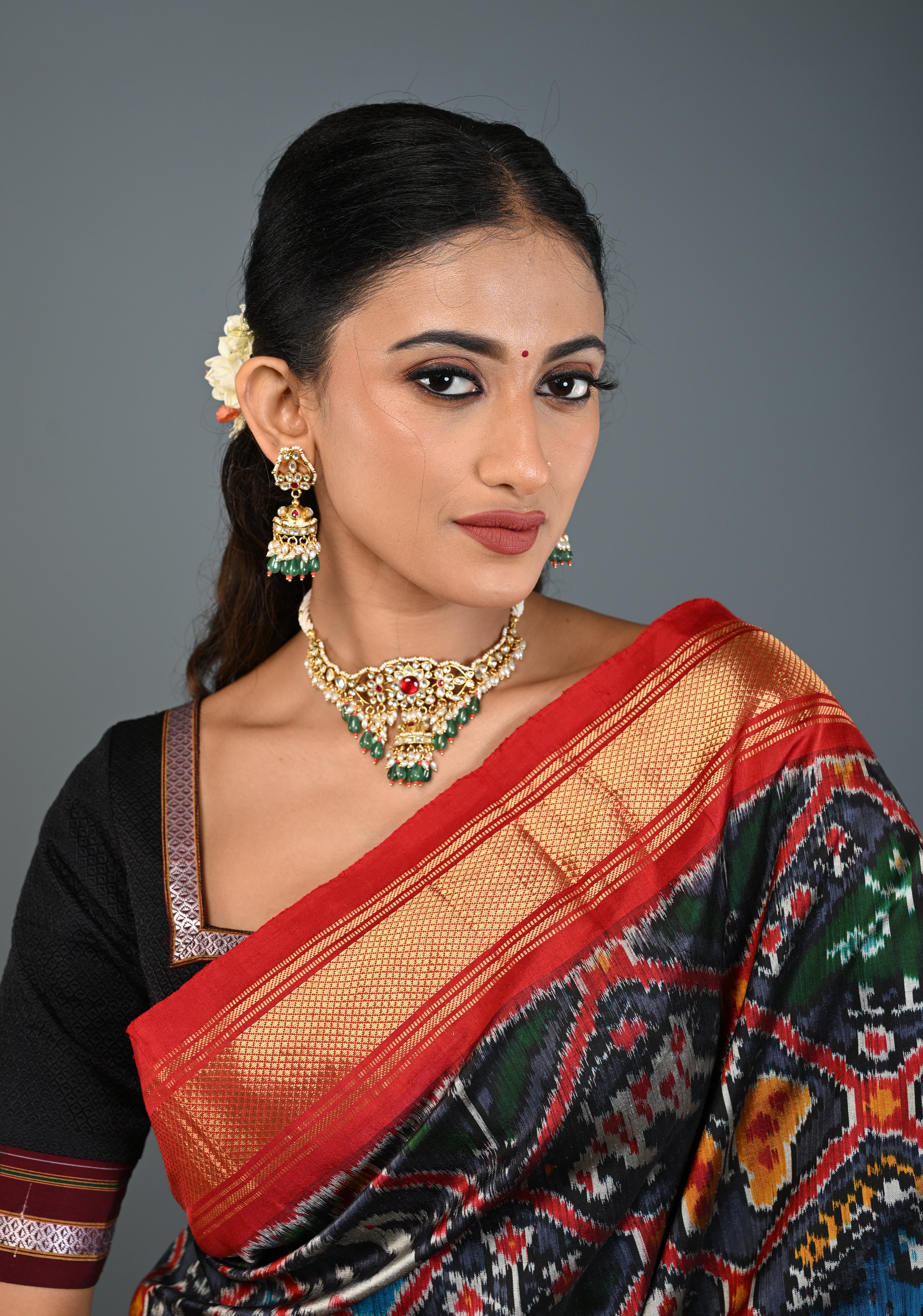 Ahmedabadi kundan multistrand necklace set with Floral Pendant and sage green dangling beads and pearls | SHOBITAM