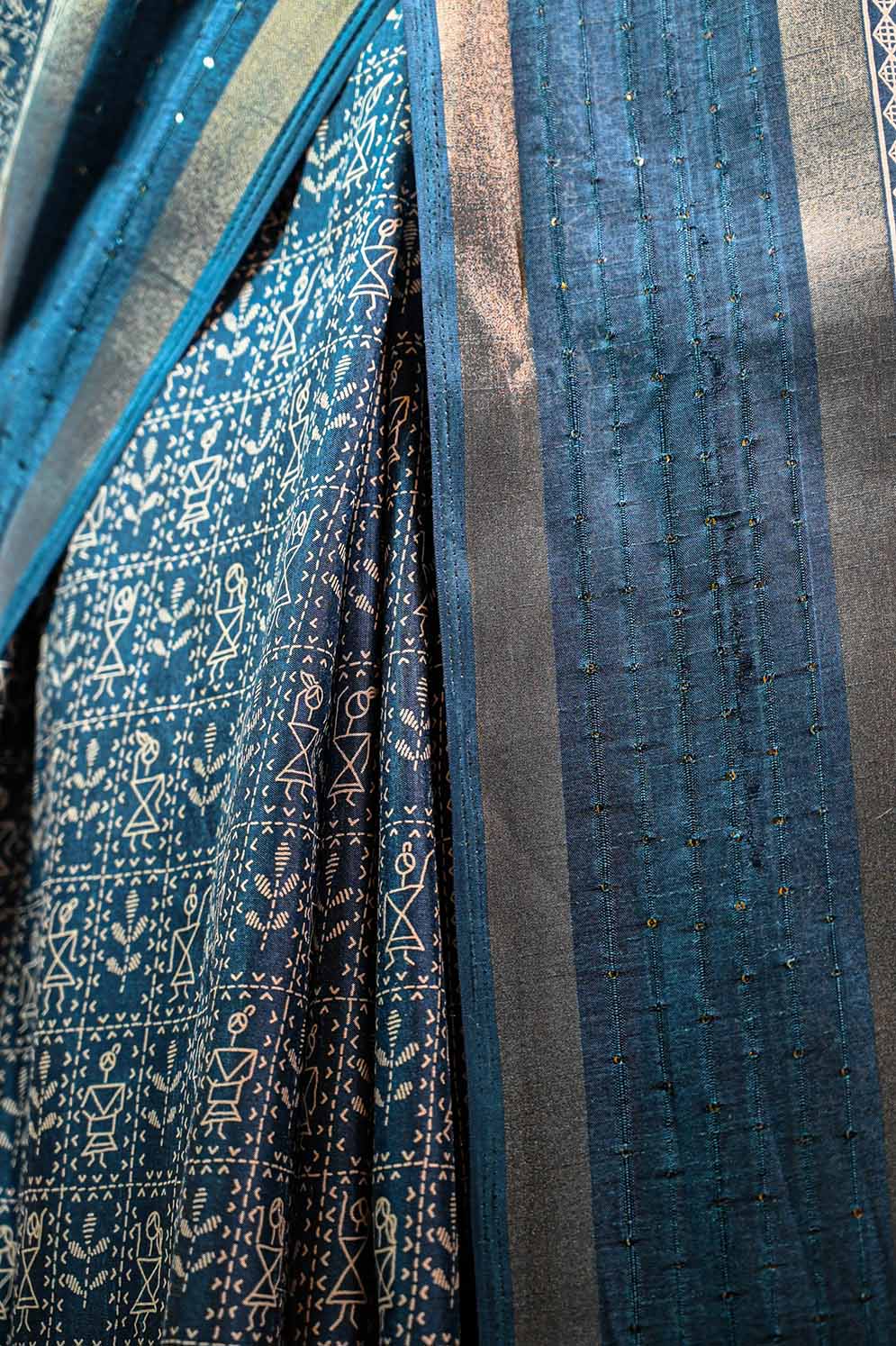 Ready to wear Blue Dola Silk Over All Bastar Art Printed With sequence Border Wrap in 1 minute Saree with Readymade Blouse - Isadora Life