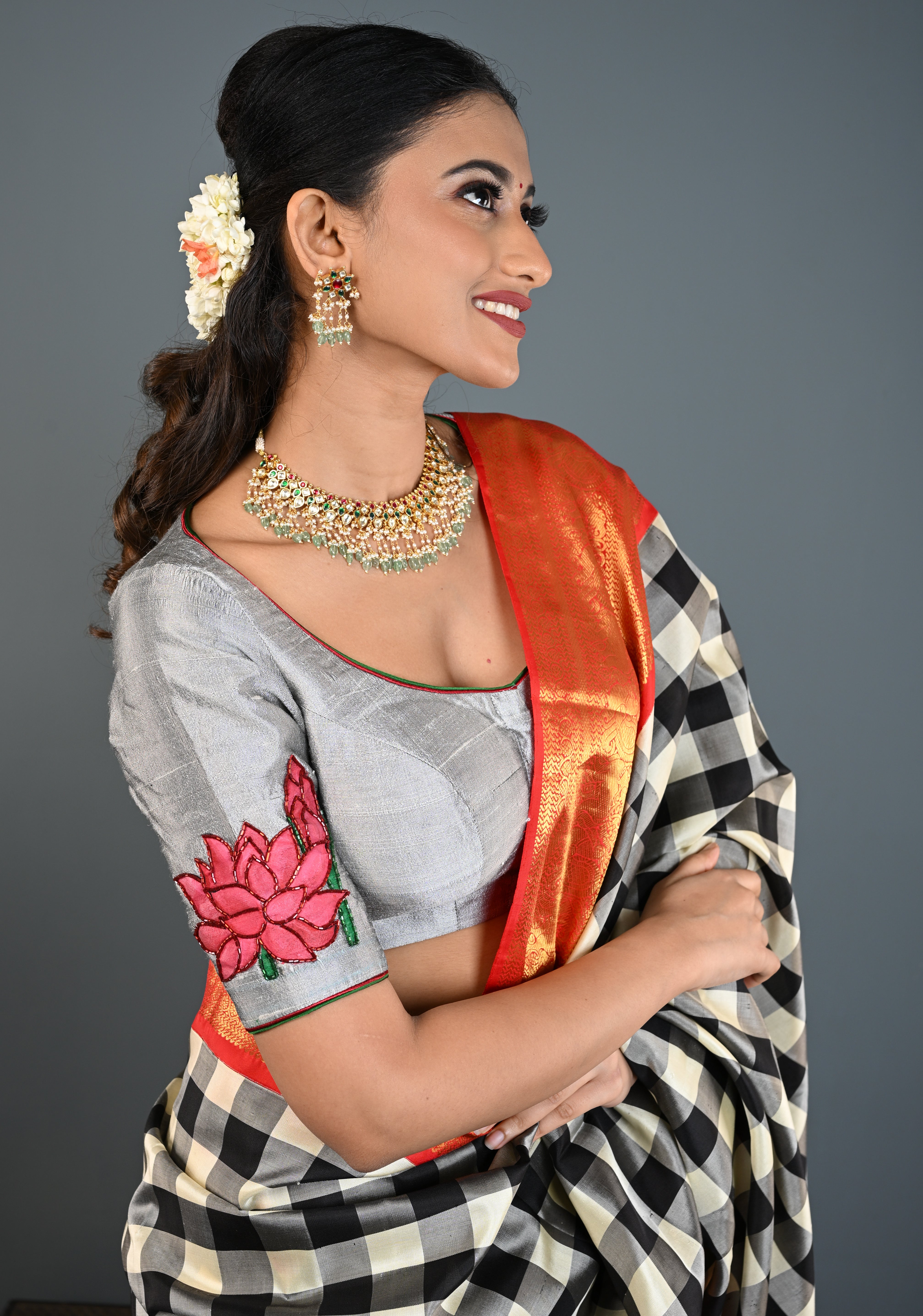 Pure Raw Silk Blouse in Gray with Lotus Handpainting , embellishments and Backless-Tie up Detailing, Customizable, Made to Order | Shobitam