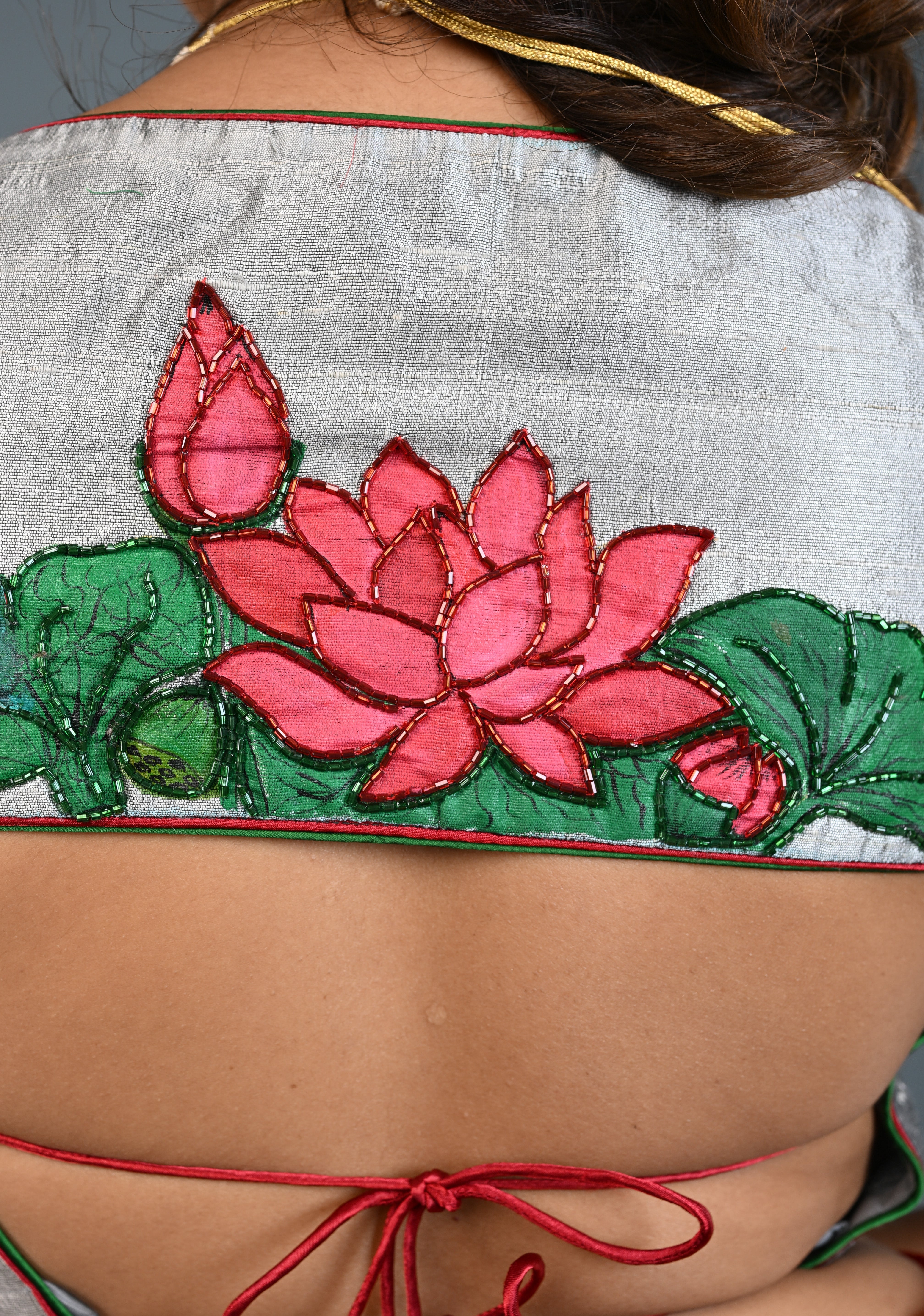 Pure Raw Silk Blouse in Gray with Lotus Handpainting , embellishments and Backless-Tie up Detailing, Customizable, Made to Order | Shobitam