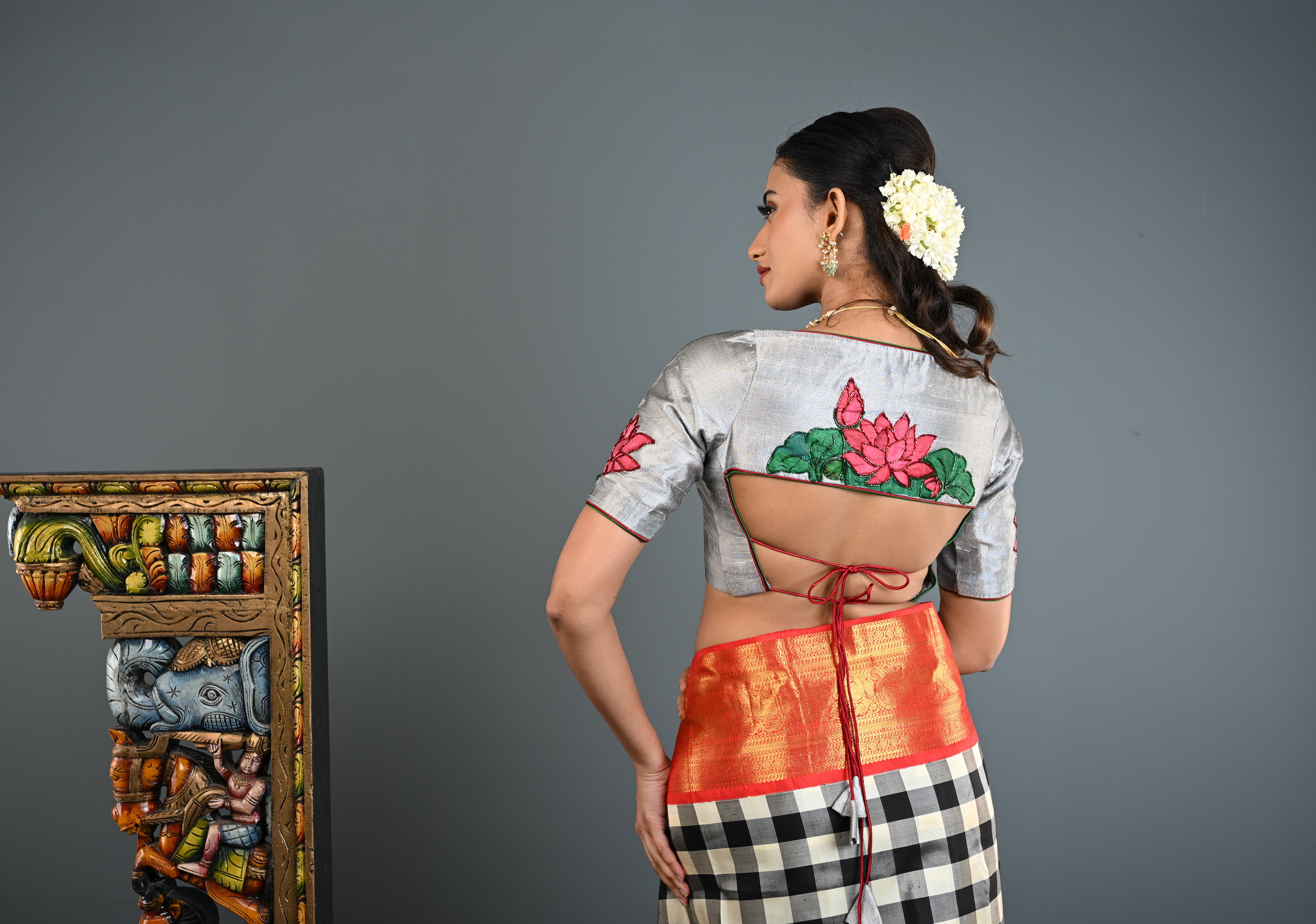 Pure Raw Silk Blouse in Gray with Lotus Handpainting , embellishments and Backless-Tie up Detailing, Customizable, Made to Order | Shobitam