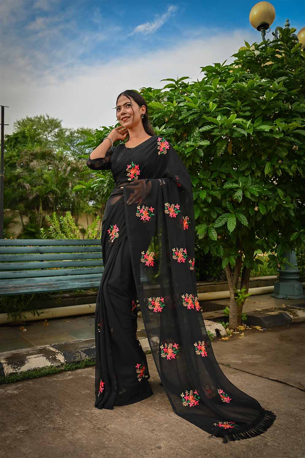 Ready to wear Black Georgette Beautiful Embroidered Wrap in 1 minute Saree with Readymade Blouse - Isadora Life