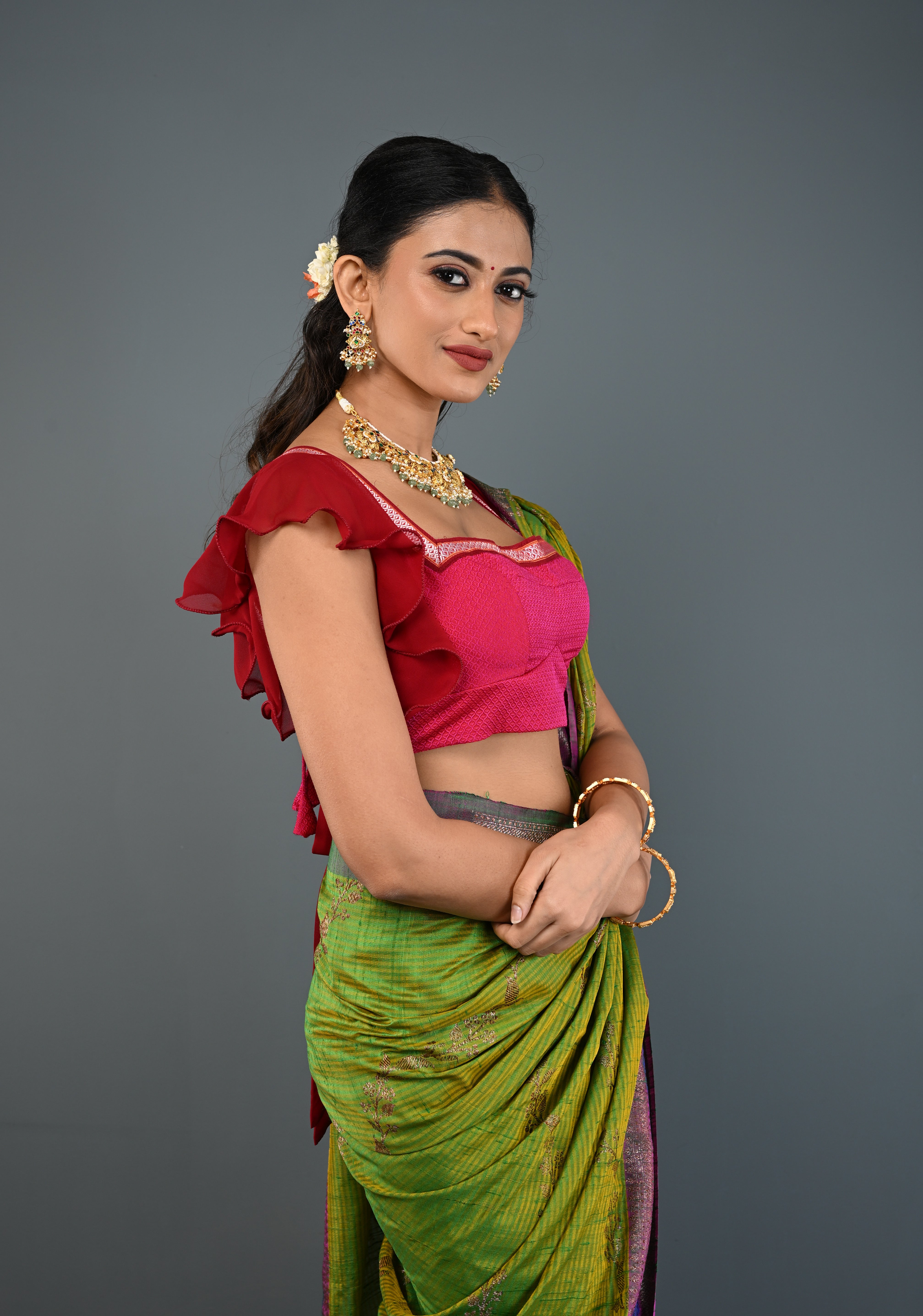 Rani Pink Khana Silk Blouse with Square-Neck and Maroon Ruffle Sleeves, Customizable, Made to Order | Shobitam