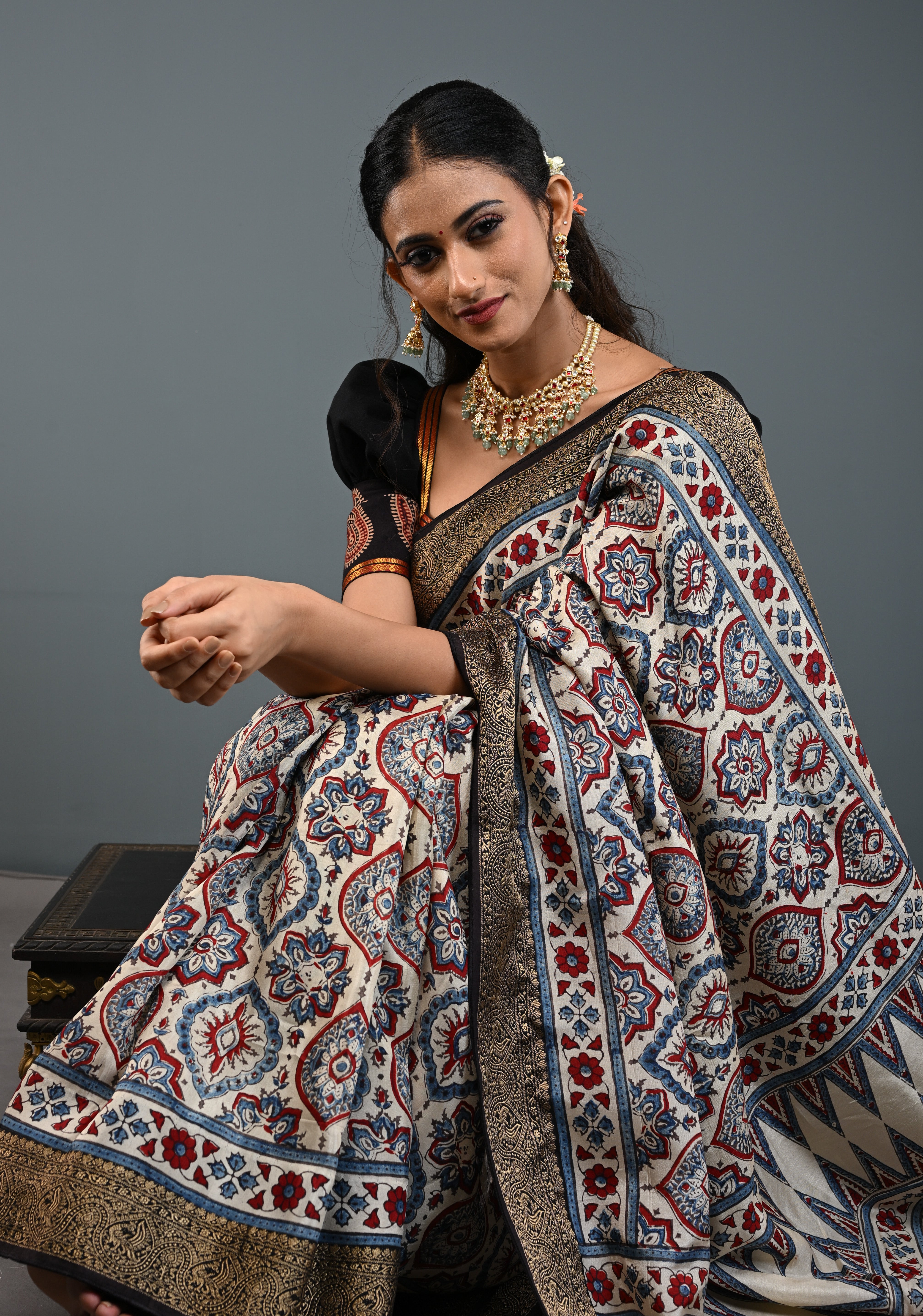 Beige Ajrakh Hand Block Print on Dola Silk Saree with Fancy Zari Border READY TO WEAR