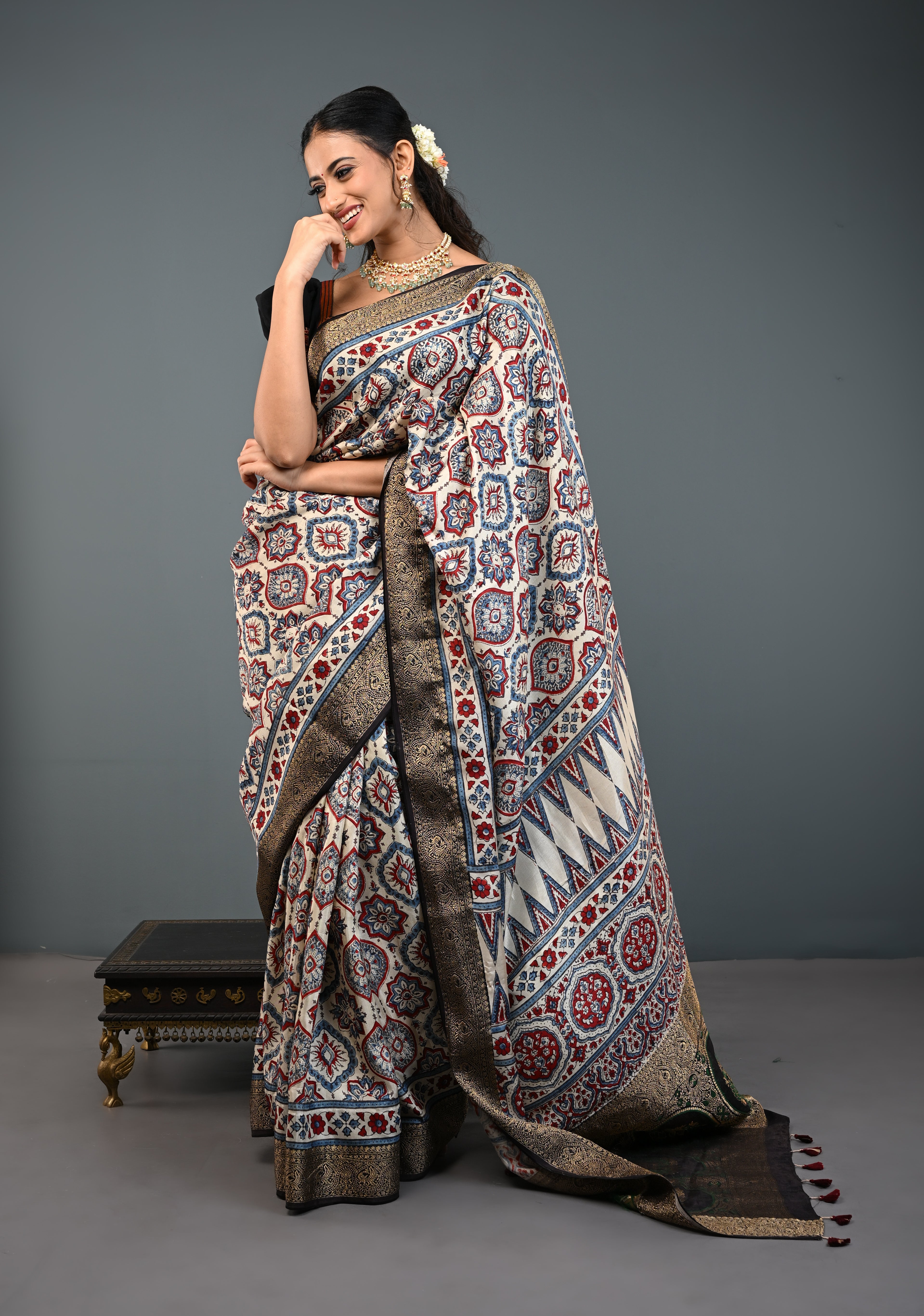 Beige Ajrakh Hand Block Print on Dola Silk Saree with Fancy Zari Border READY TO WEAR