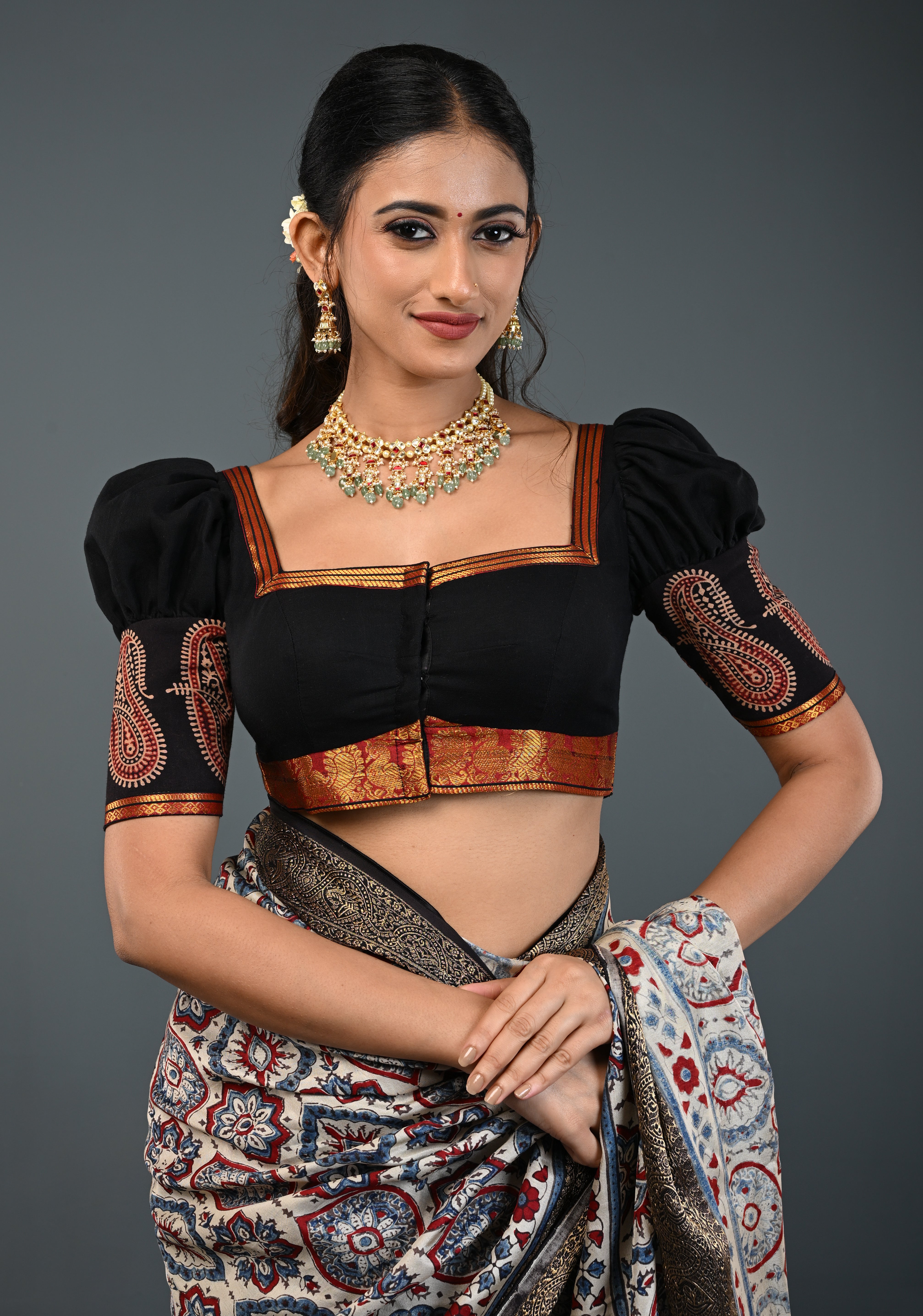 Black Kanchi Cotton Blouse with Puff Sleeves and Back Net Applique, Customizable, Made to Order | Shobitam