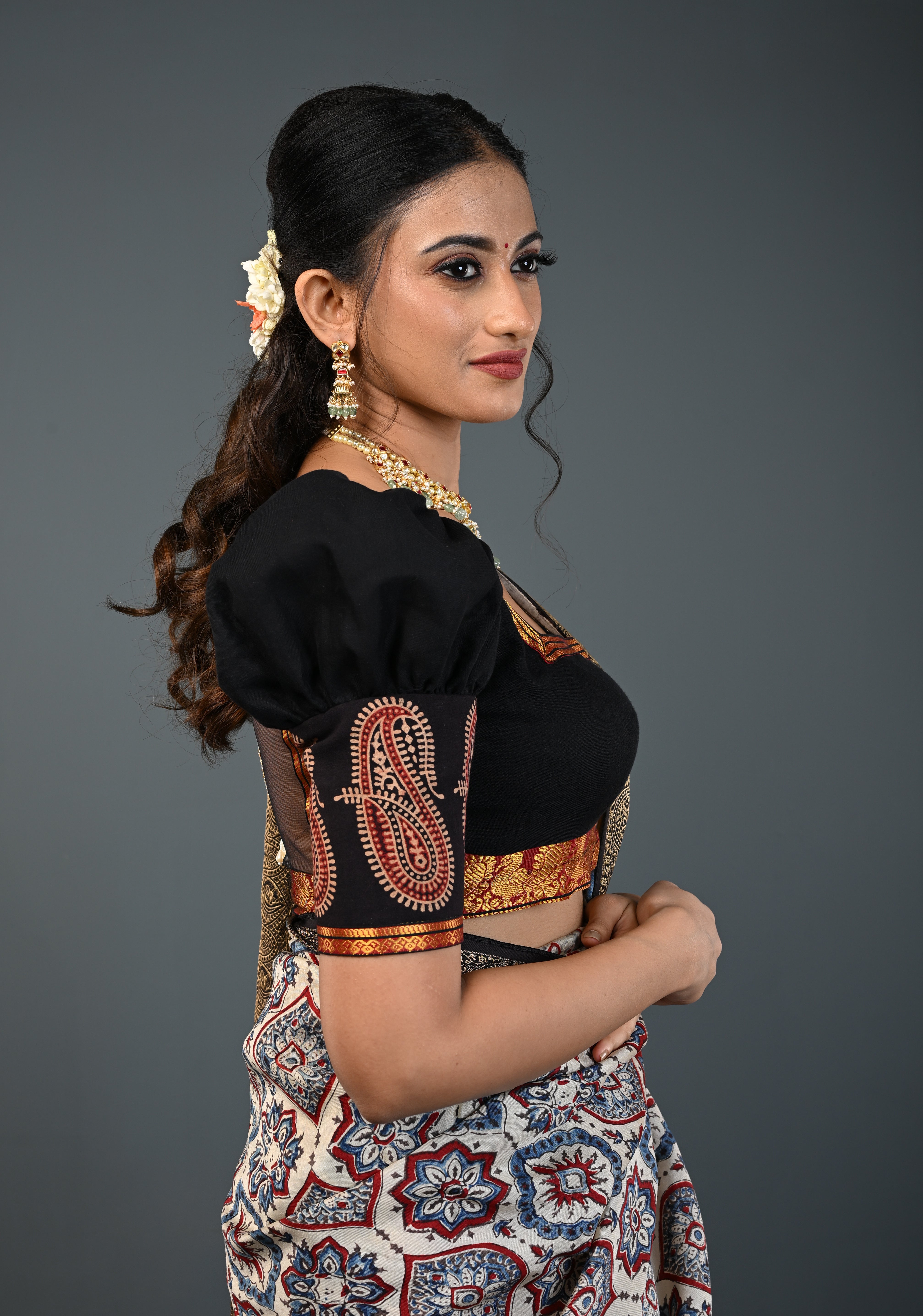 Black Kanchi Cotton Blouse with Puff Sleeves and Back Net Applique, Customizable, Made to Order | Shobitam