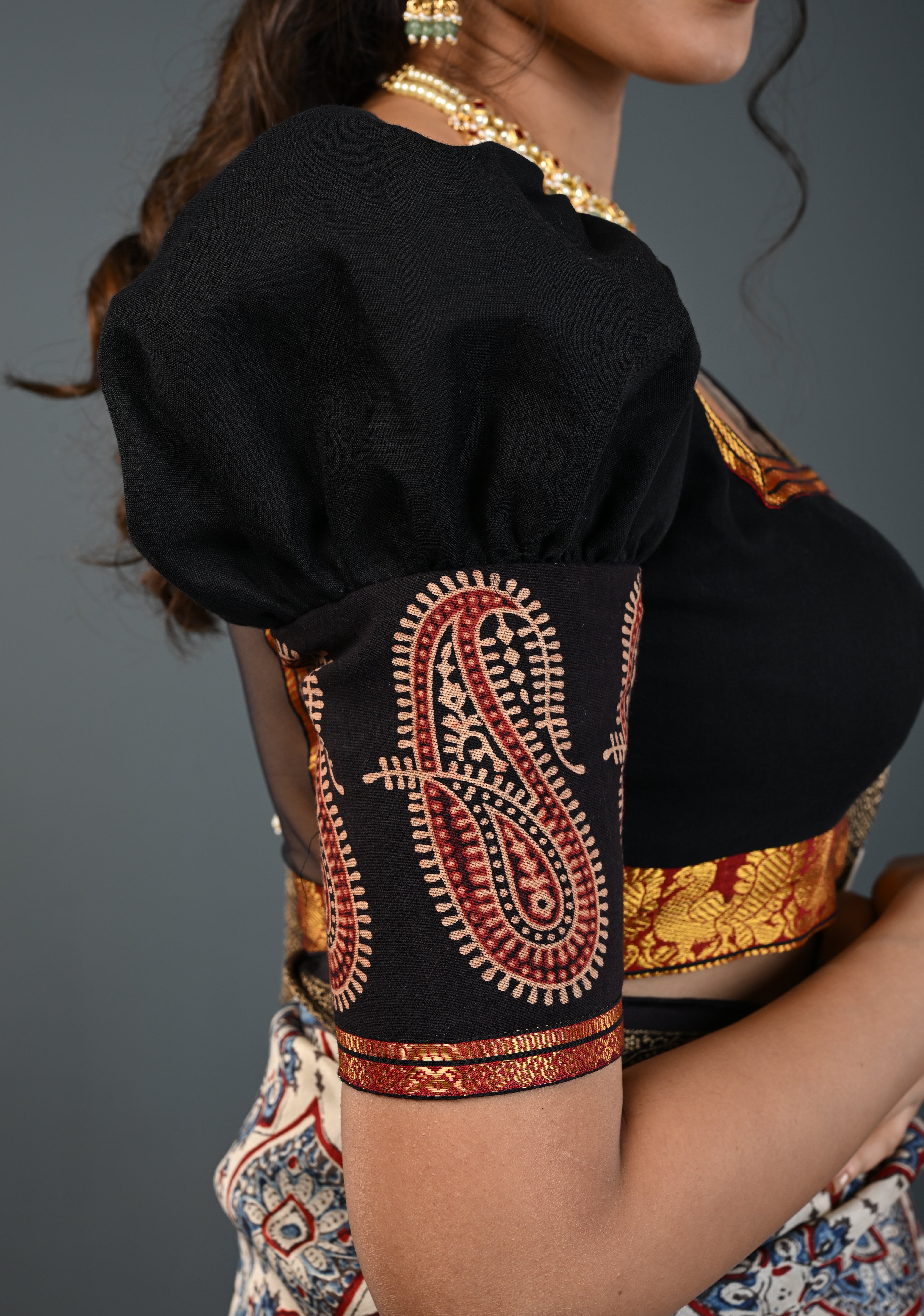 Black Kanchi Cotton Blouse with Puff Sleeves and Back Net Applique, Customizable, Made to Order | Shobitam