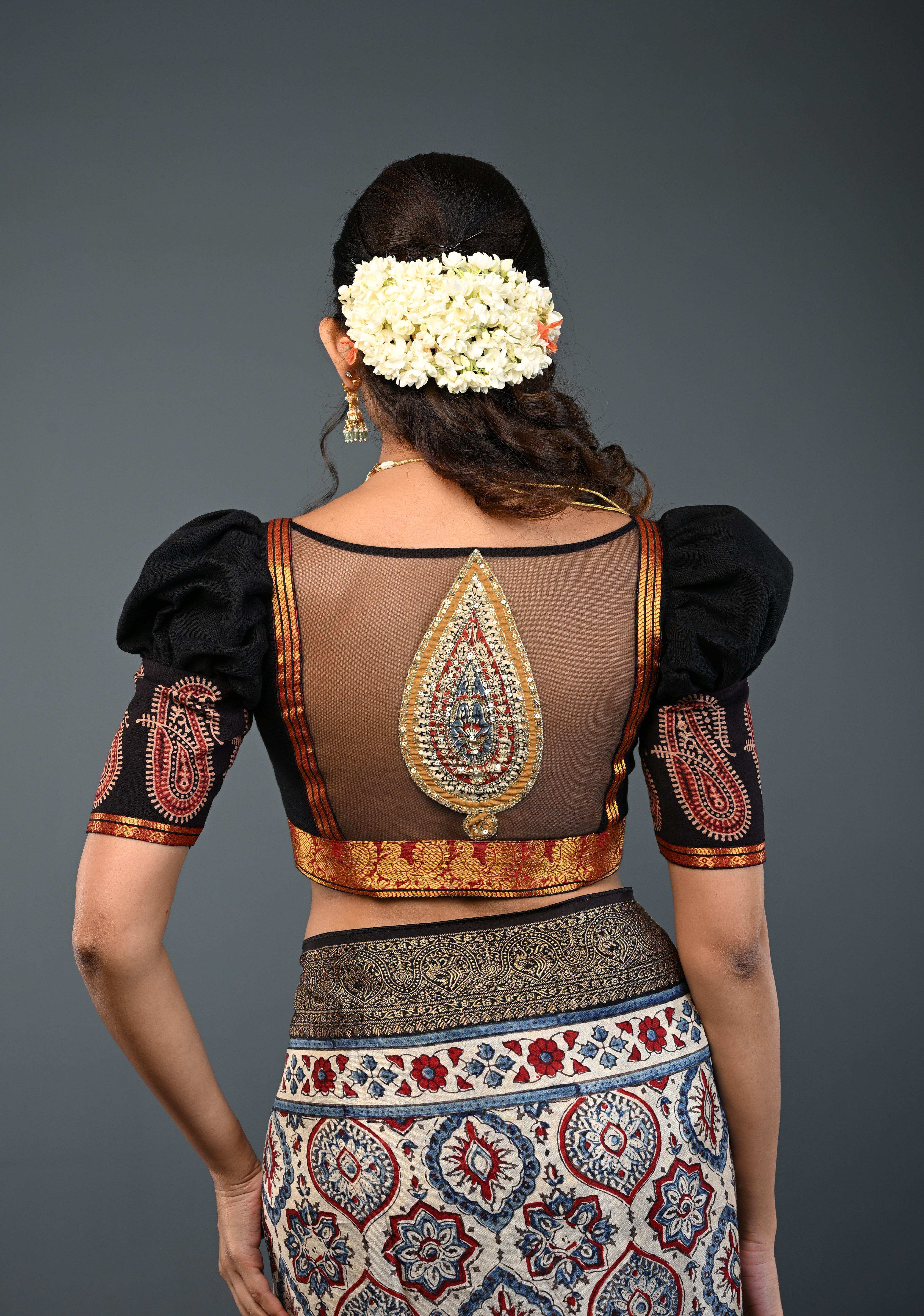 Black Kanchi Cotton Blouse with Puff Sleeves and Back Net Applique, Customizable, Made to Order | Shobitam