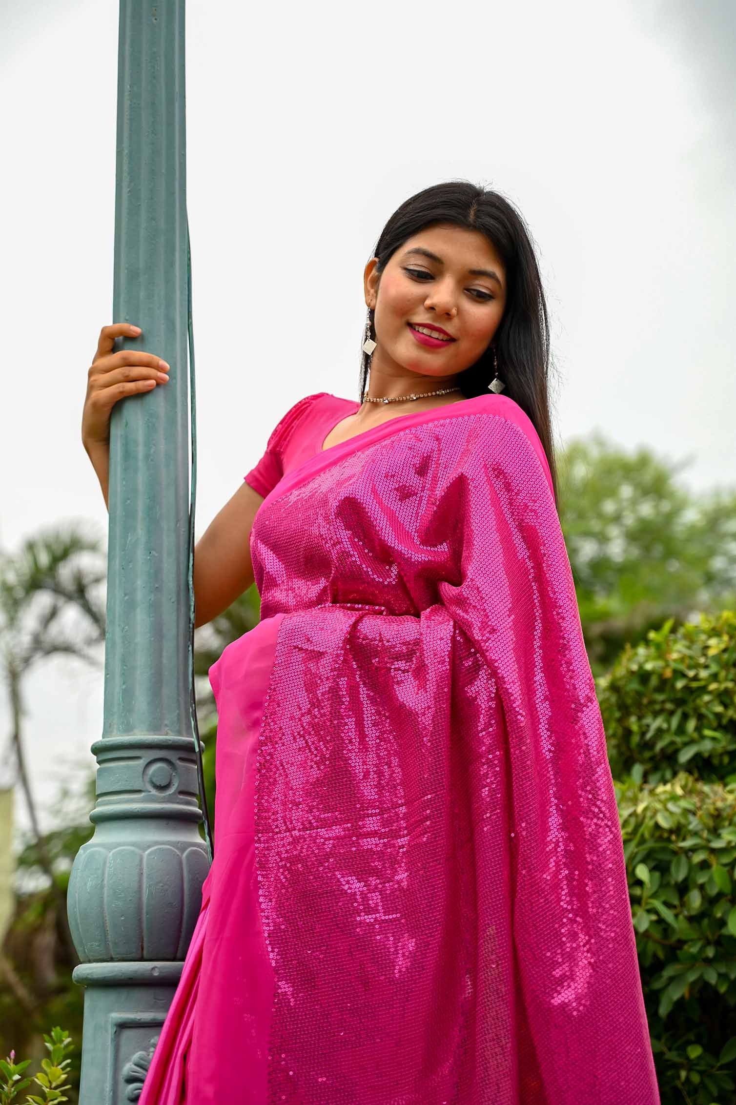Ready to wear one minute saree Designer crimson pink dense sequin pallu and satin pleats with stitched blouse - Isadora Life