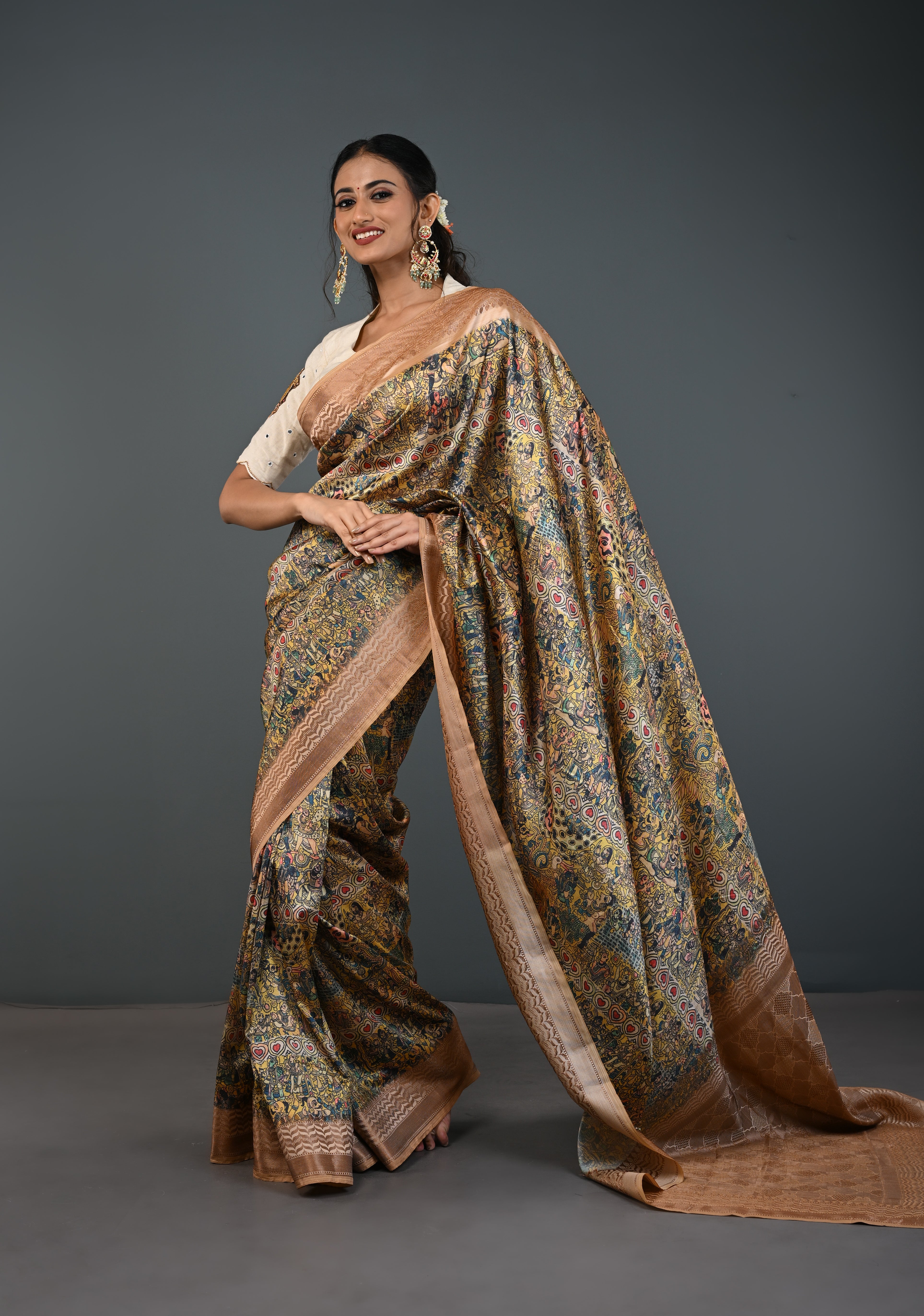 Semi Tussar Silk Saree with Kalamkari Digital Print in Beige | Shobitam
