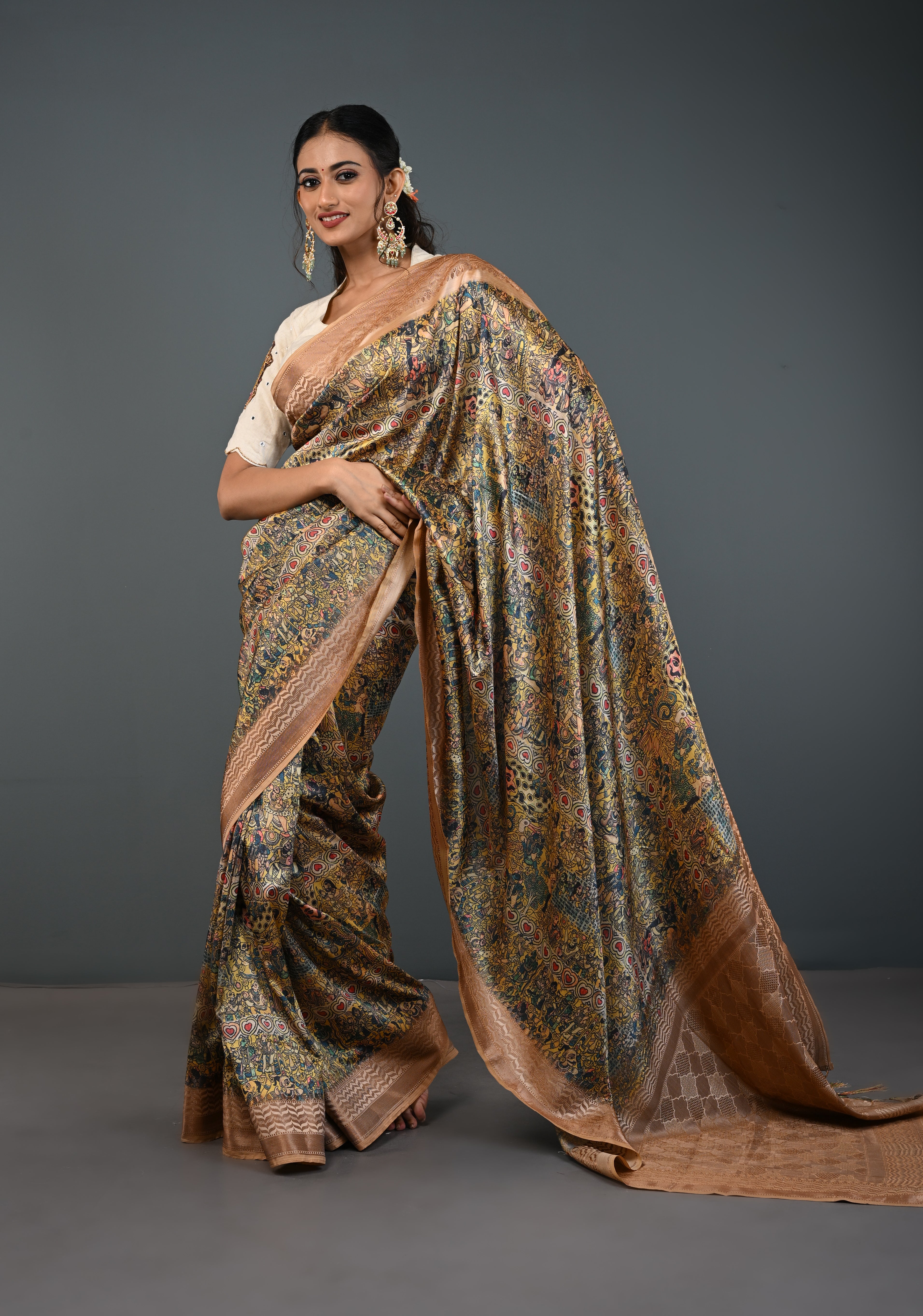 Semi Tussar Silk Saree with Kalamkari Digital Print in Beige | Shobitam