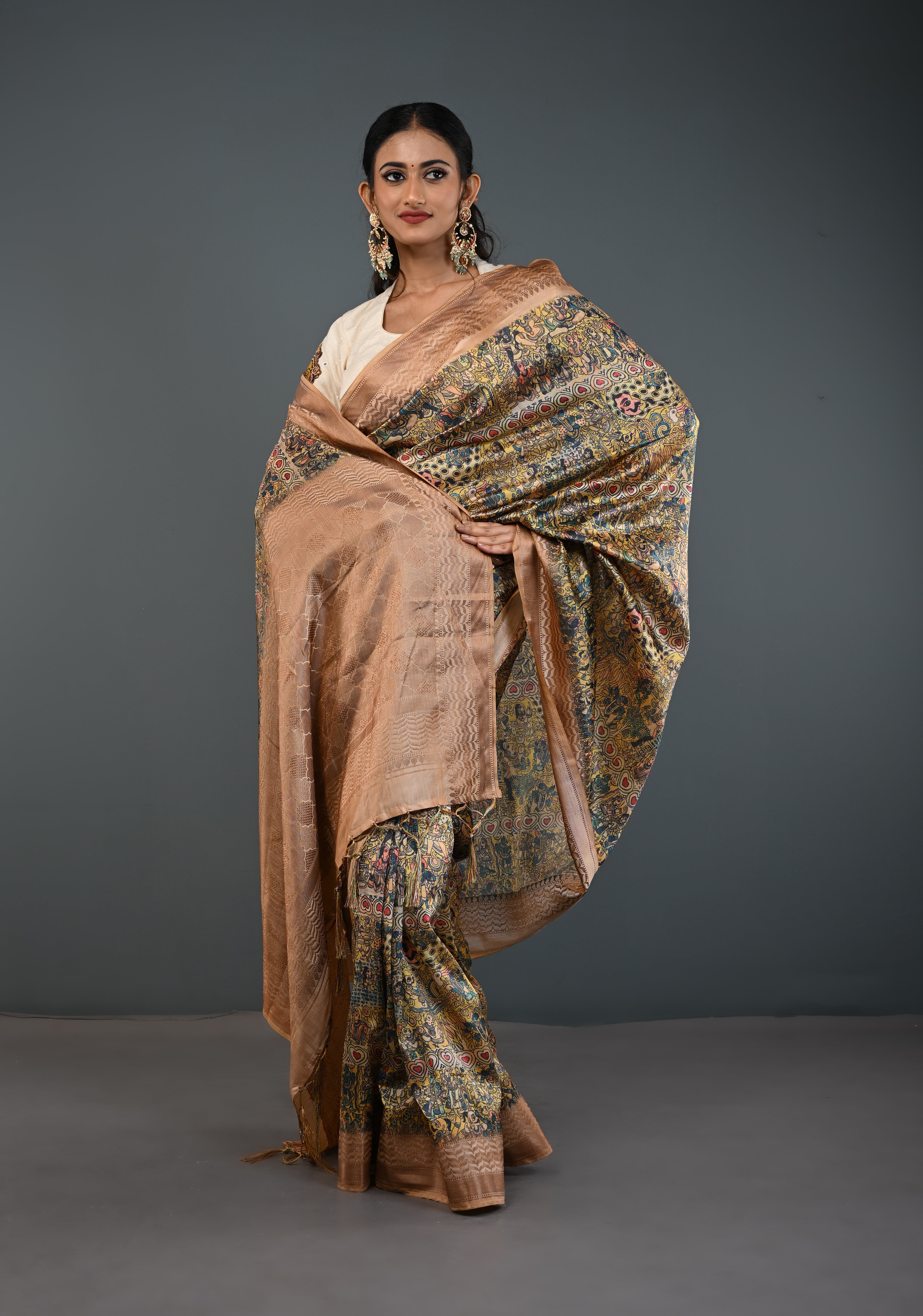 Semi Tussar Silk Saree with Kalamkari Digital Print in Beige | Shobitam
