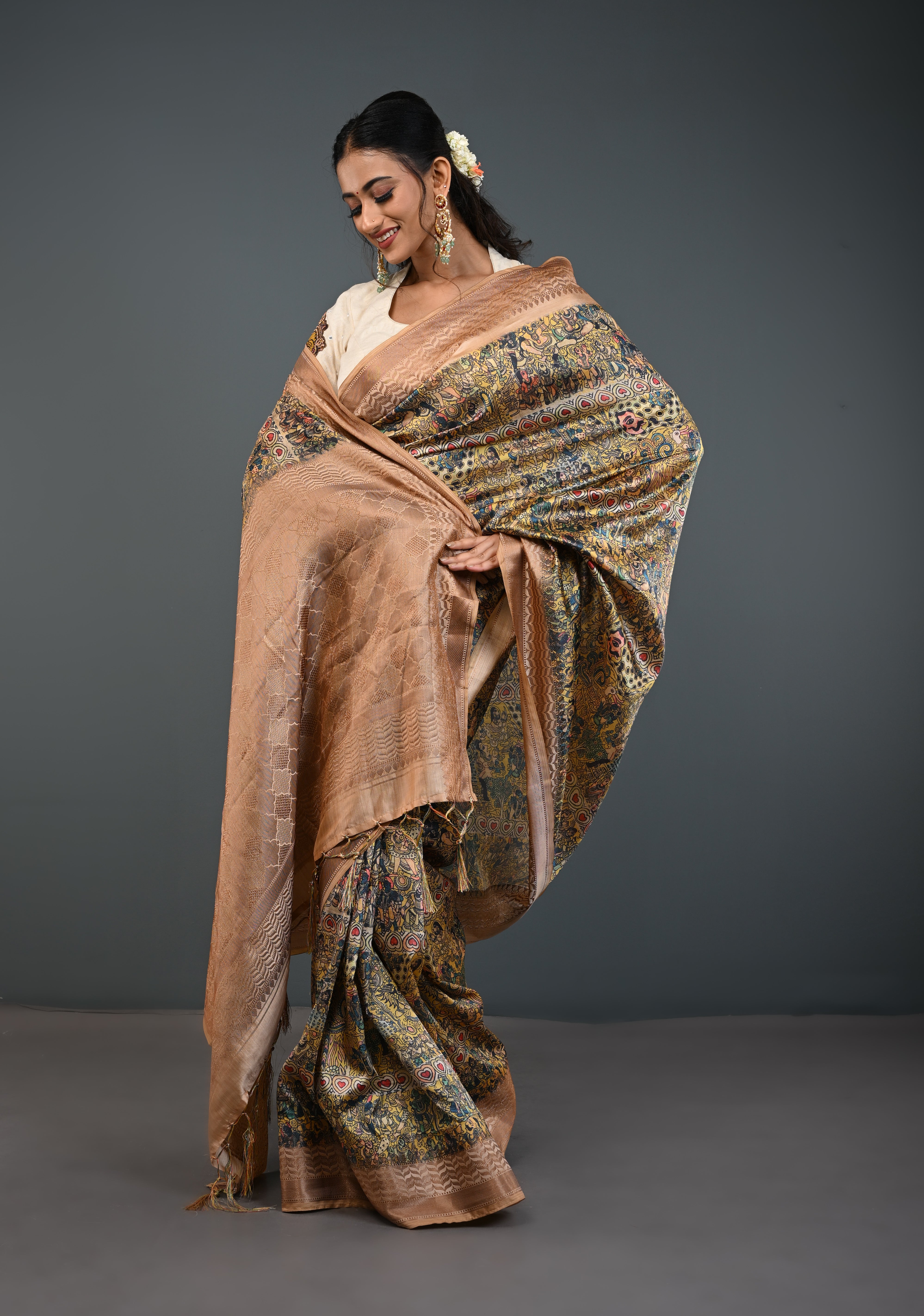 Semi Tussar Silk Saree with Kalamkari Digital Print in Beige | Shobitam