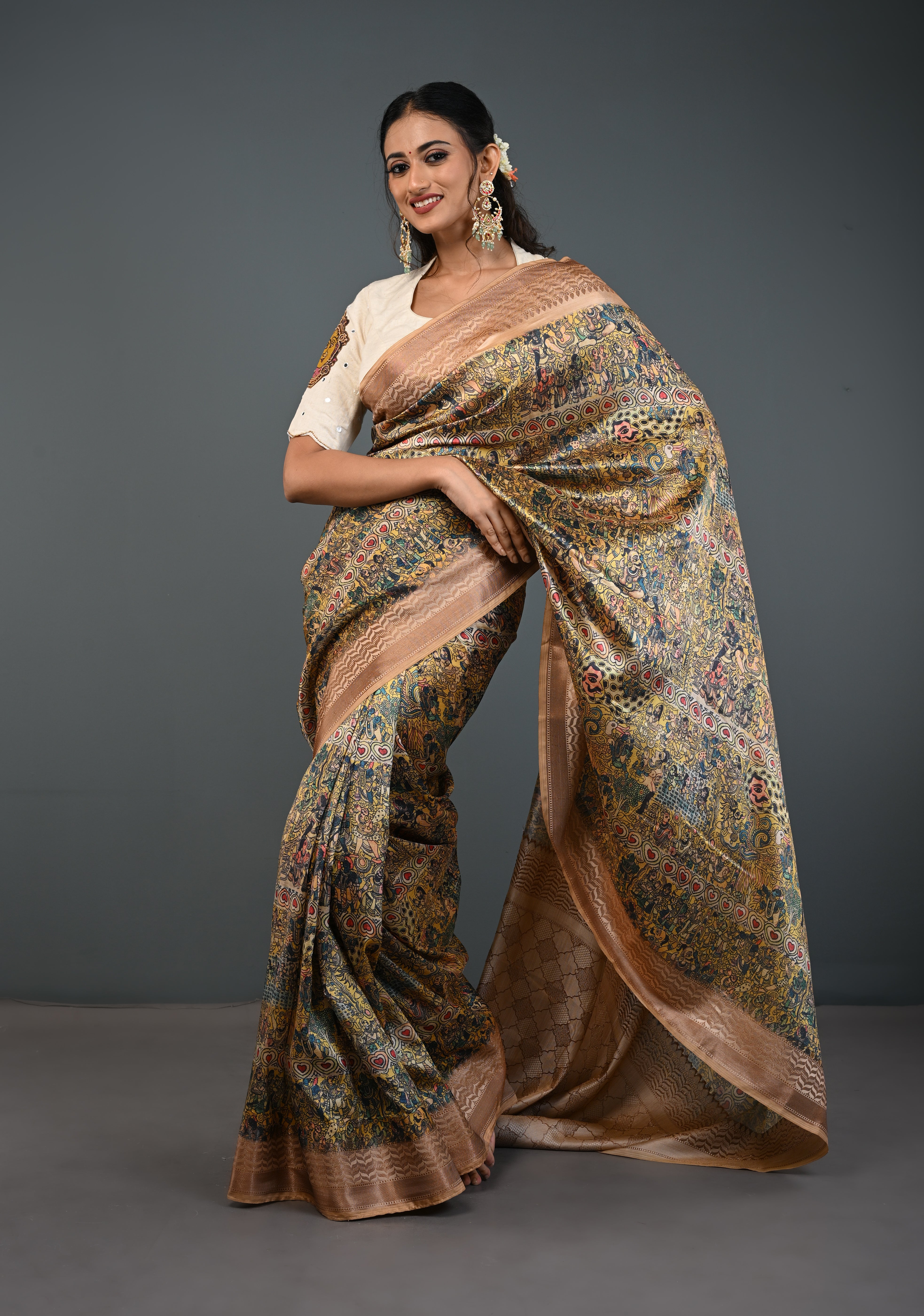 Semi Tussar Silk Saree with Kalamkari Digital Print in Beige | Shobitam