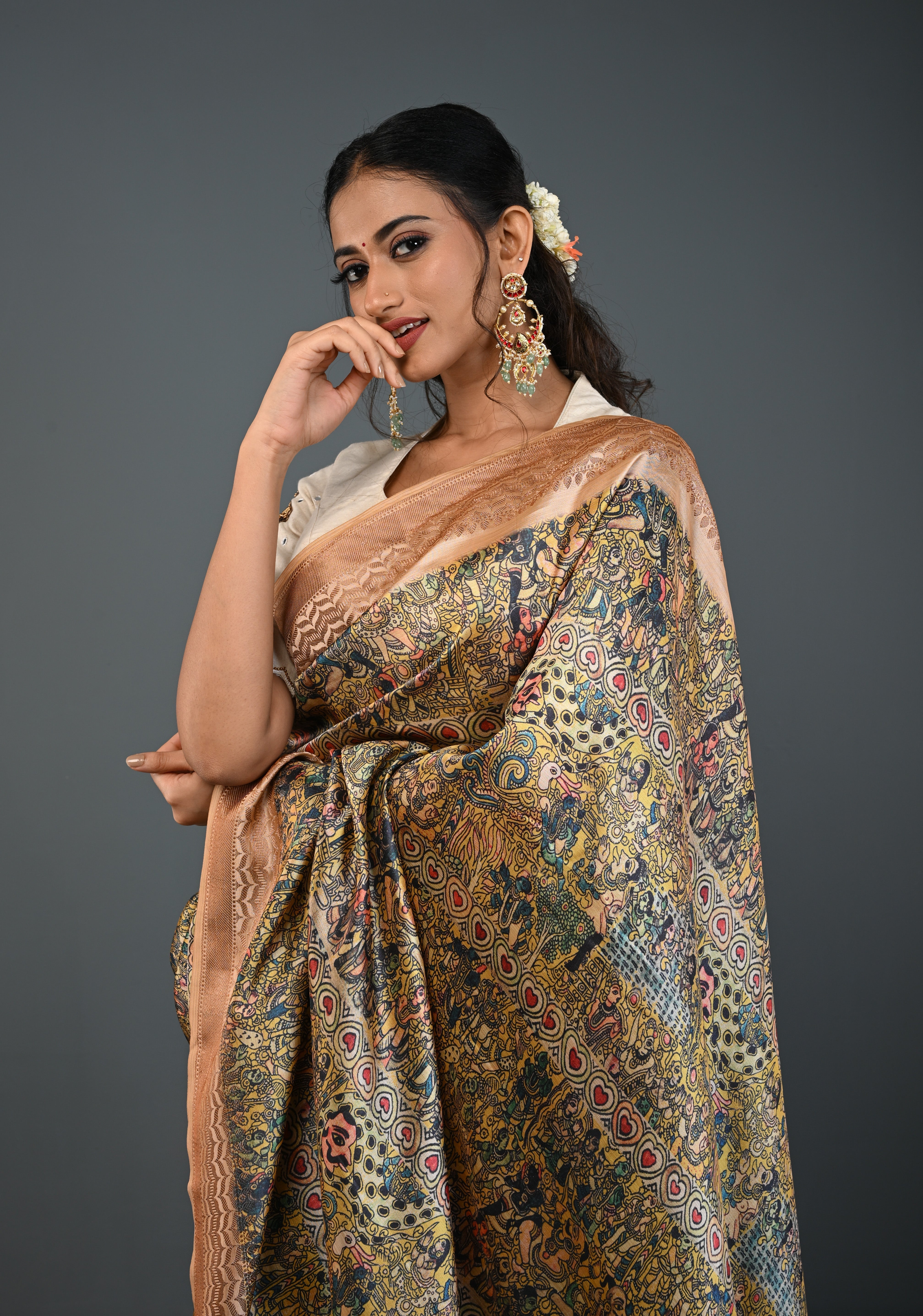 Semi Tussar Silk Saree with Kalamkari Digital Print in Beige | Shobitam