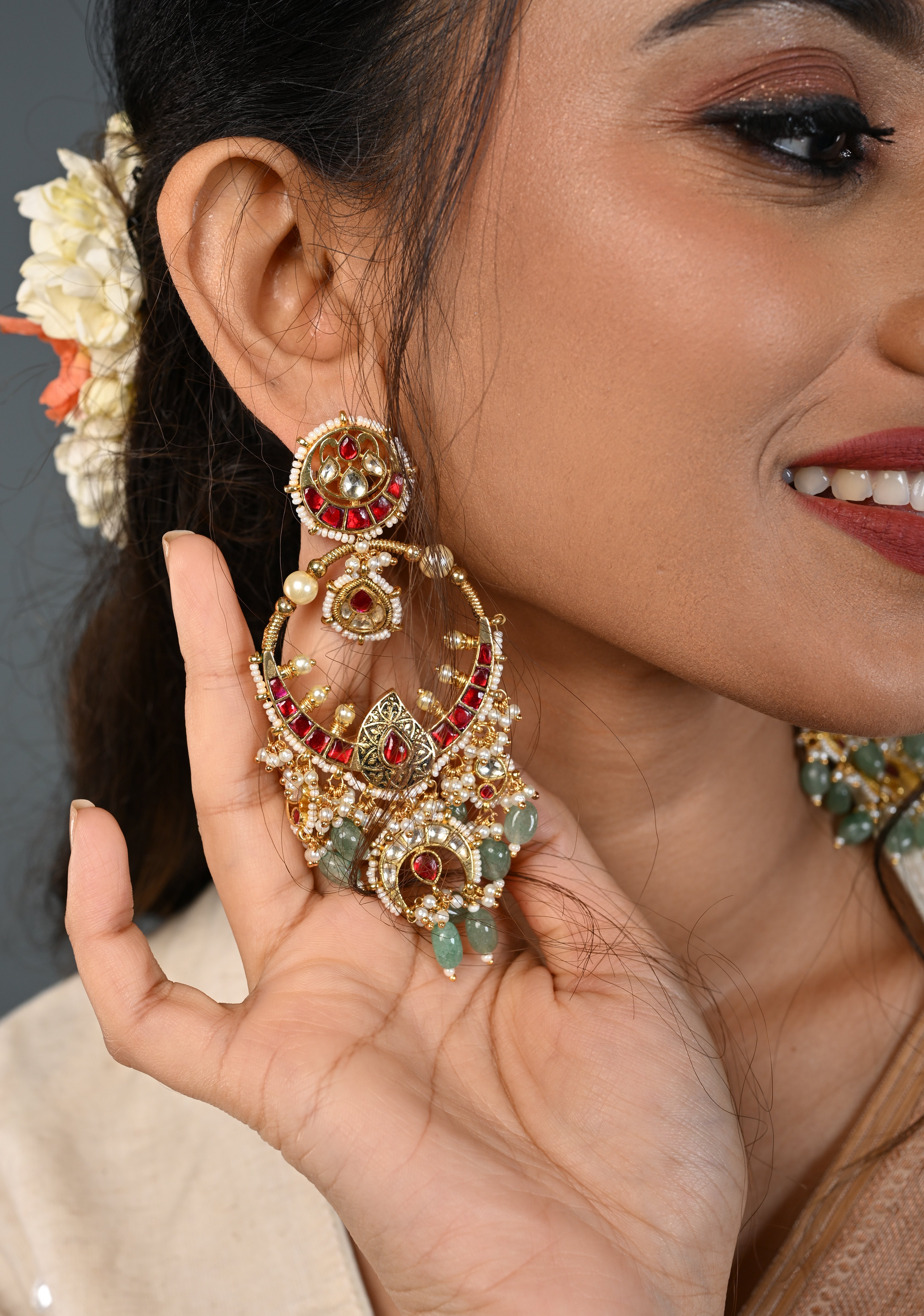 Grandiose 4" Chandbalis with Ahmedabadi Kundan Jadau Detailing with Red Pink Stones | Shobitam