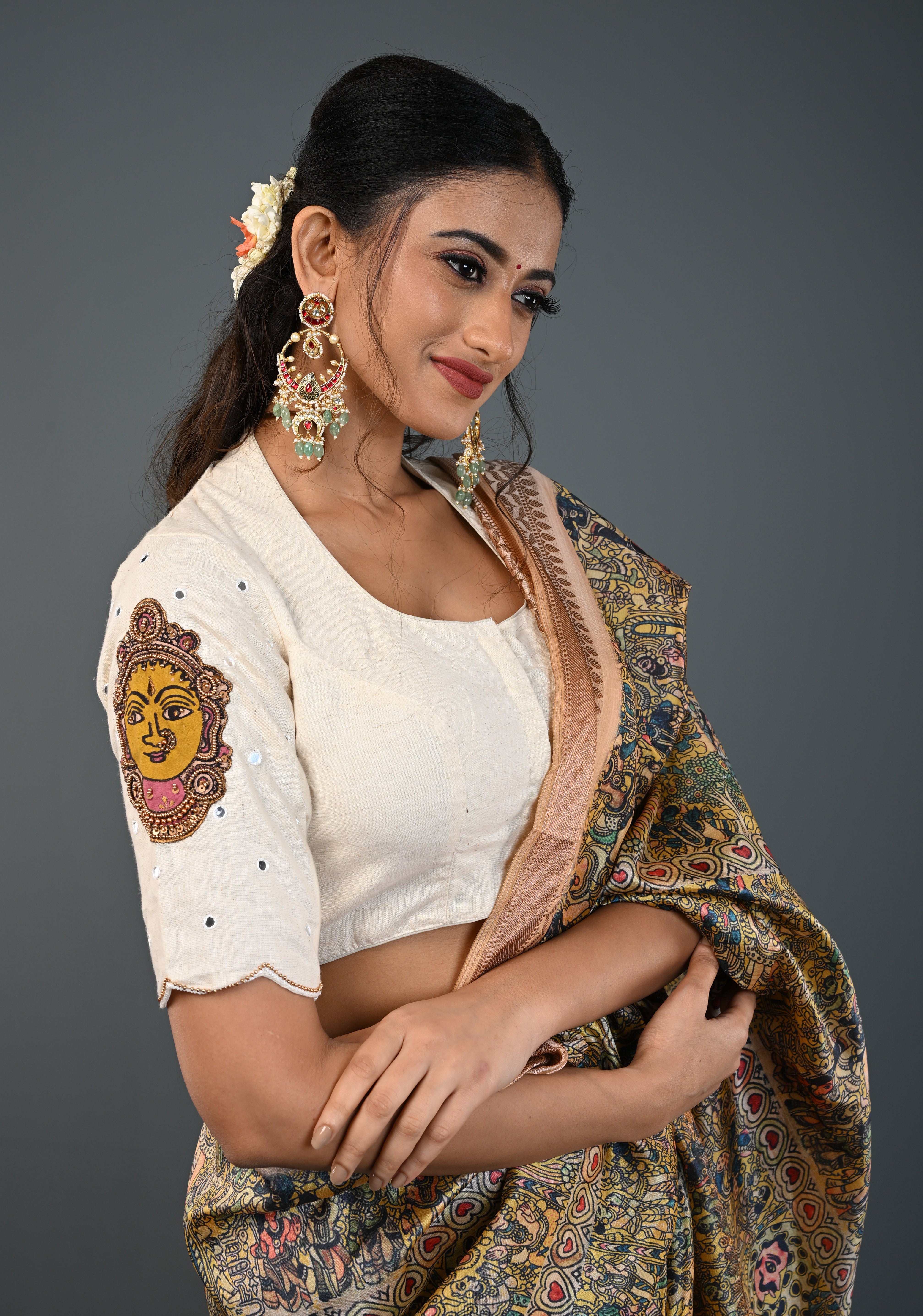 Off White Cotton Blouse with Pen Kalamkari Handpainted Dancing Queens and Handwork Detailing , Customizable, Made to Order | Shobitam