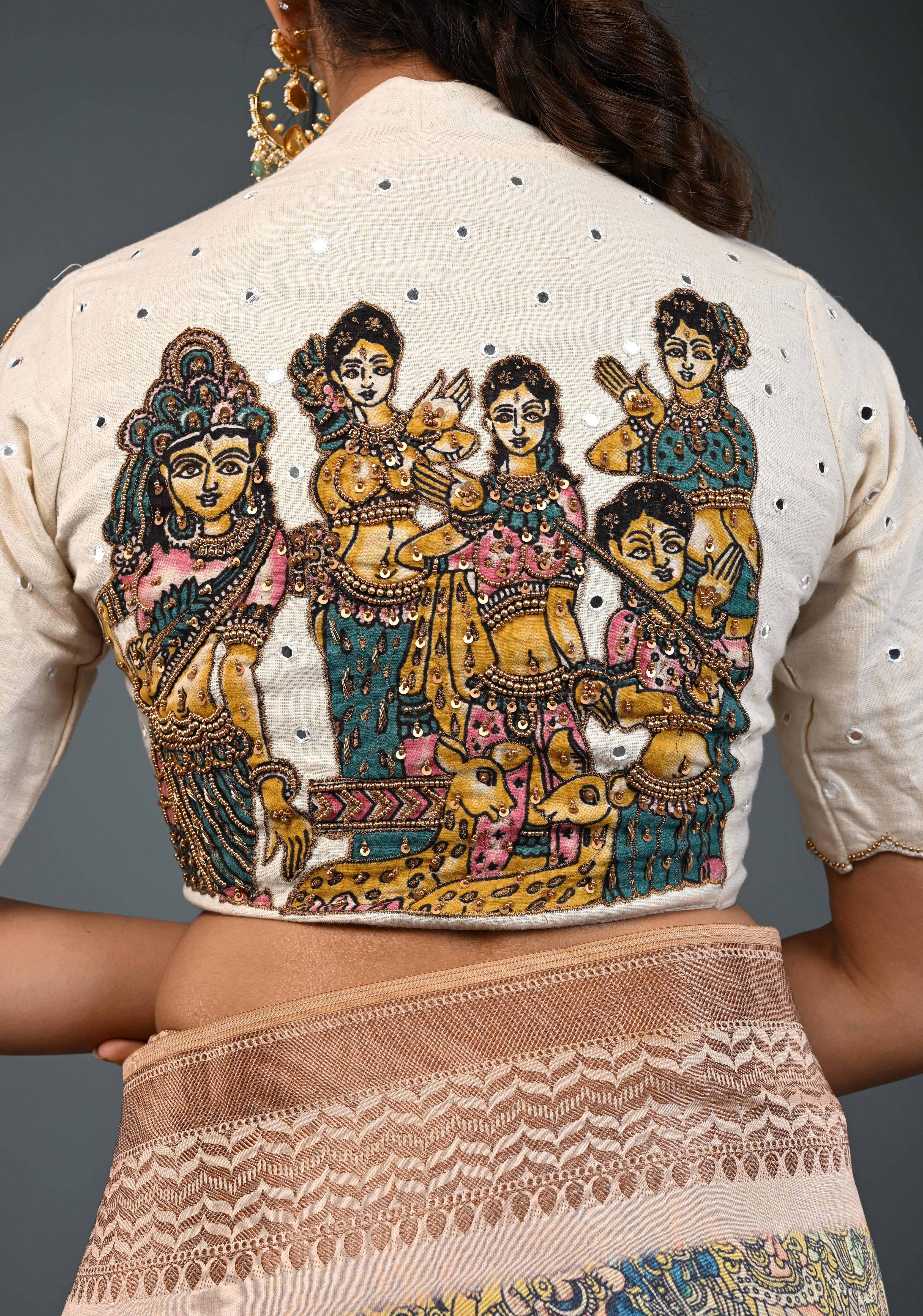 Off White Cotton Blouse with Pen Kalamkari Handpainted Dancing Queens and Handwork Detailing , Customizable, Made to Order | Shobitam