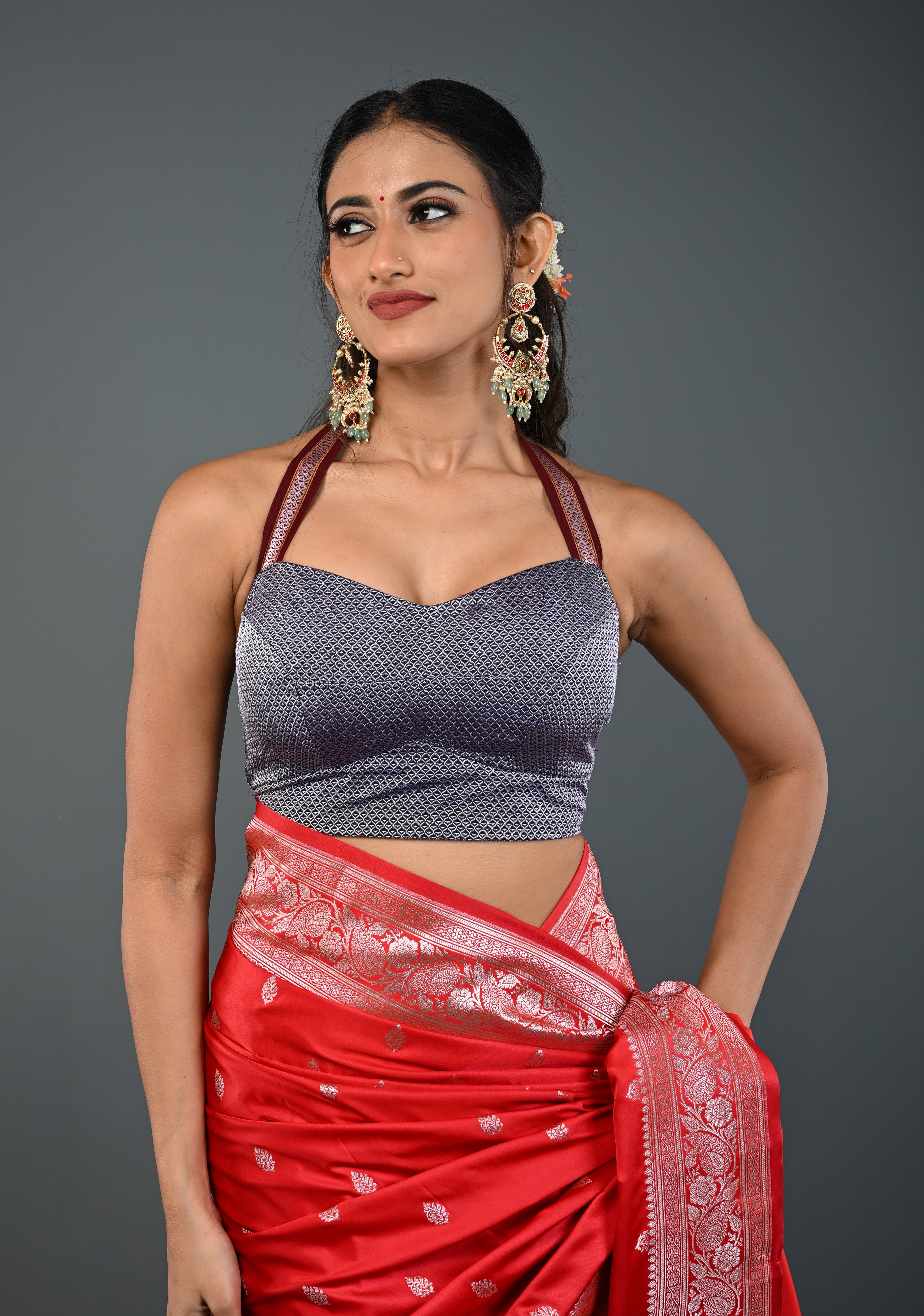 Gray Khana Silk Blouse with Halter Neck , Customizable, Made to Order | Shobitam