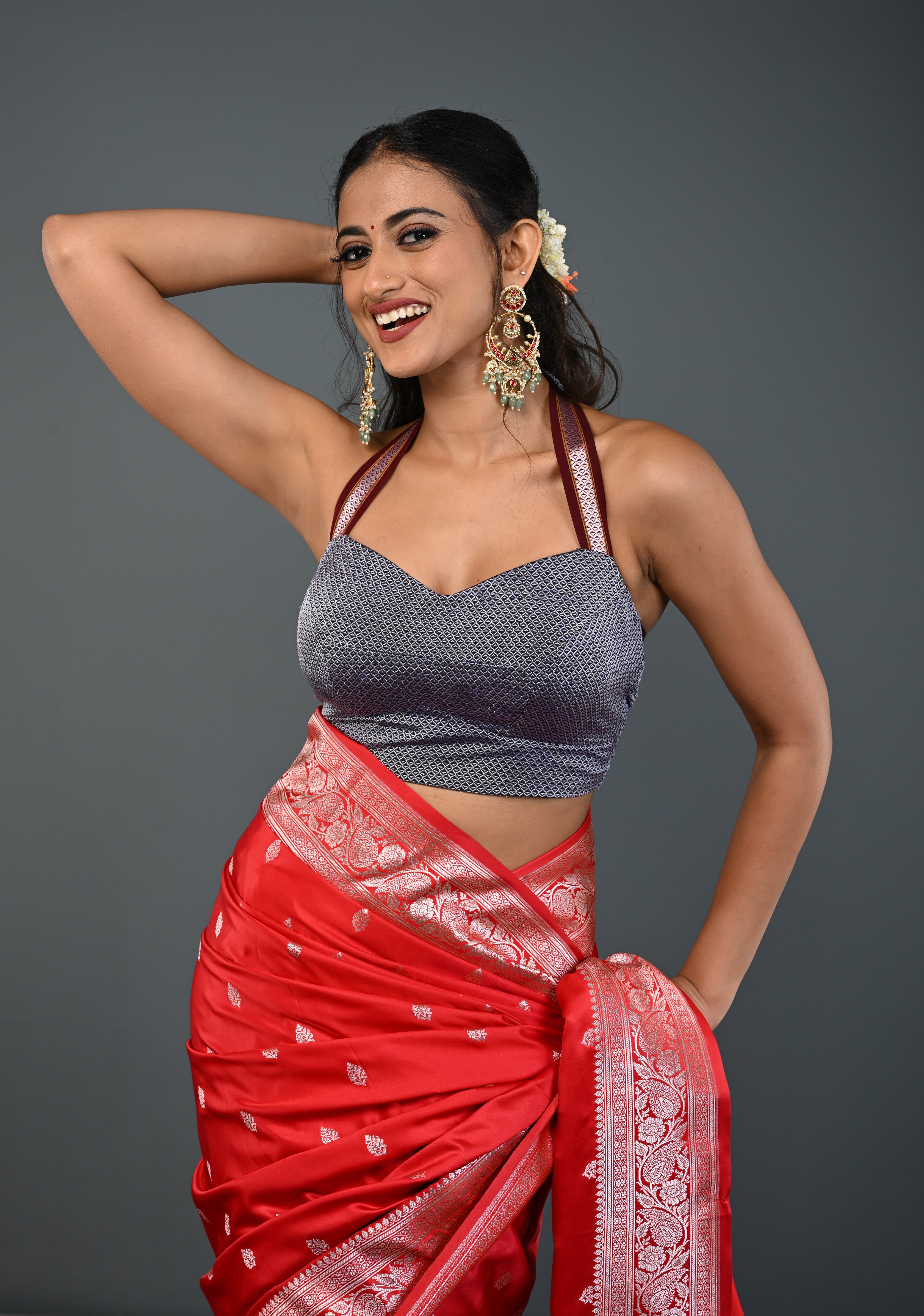 Gray Khana Silk Blouse with Halter Neck , Customizable, Made to Order | Shobitam