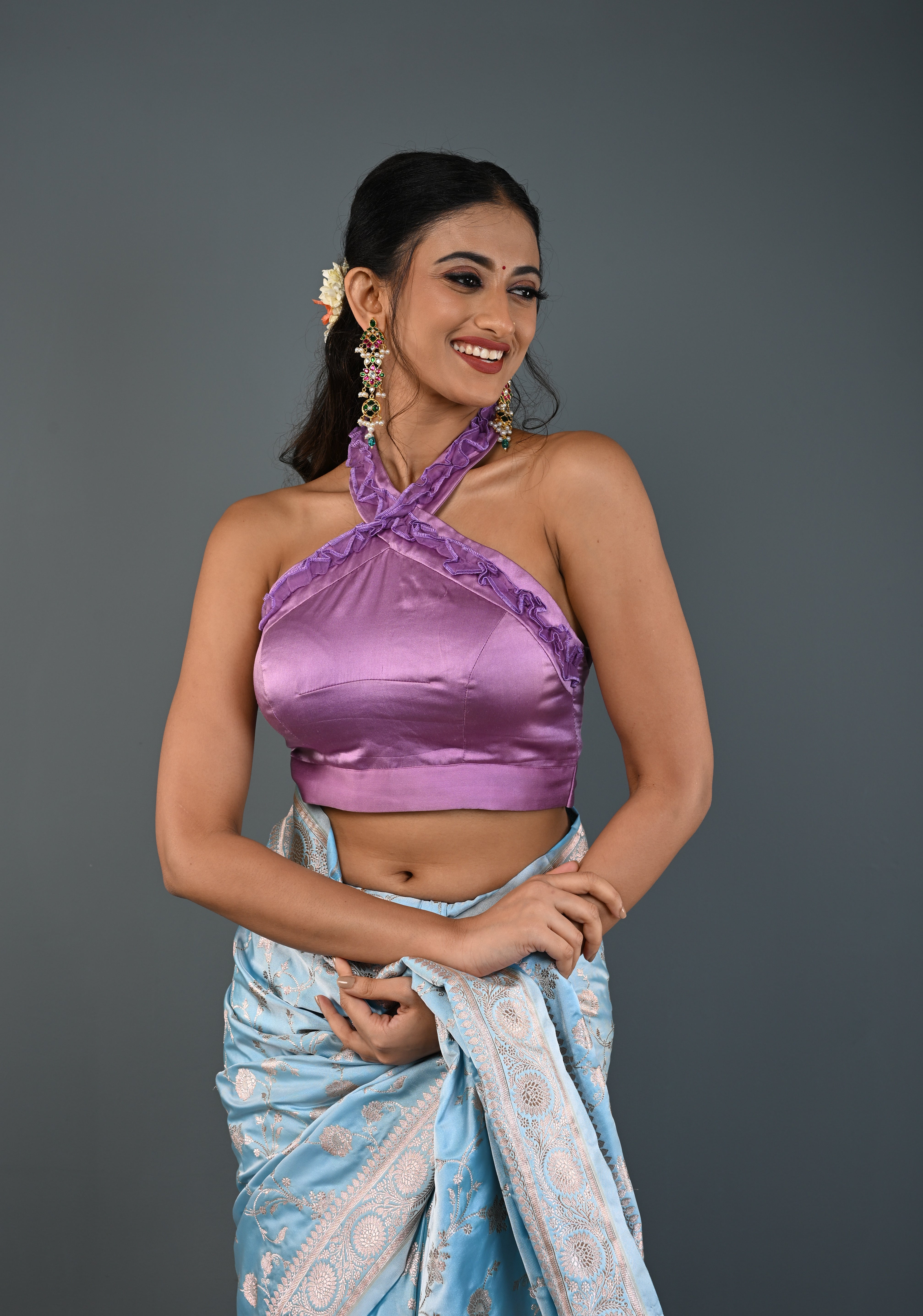 Lilac Satin Blouse with Halter Neck and Ruched Organza Detailing , Customizable, Made to Order | Shobitam