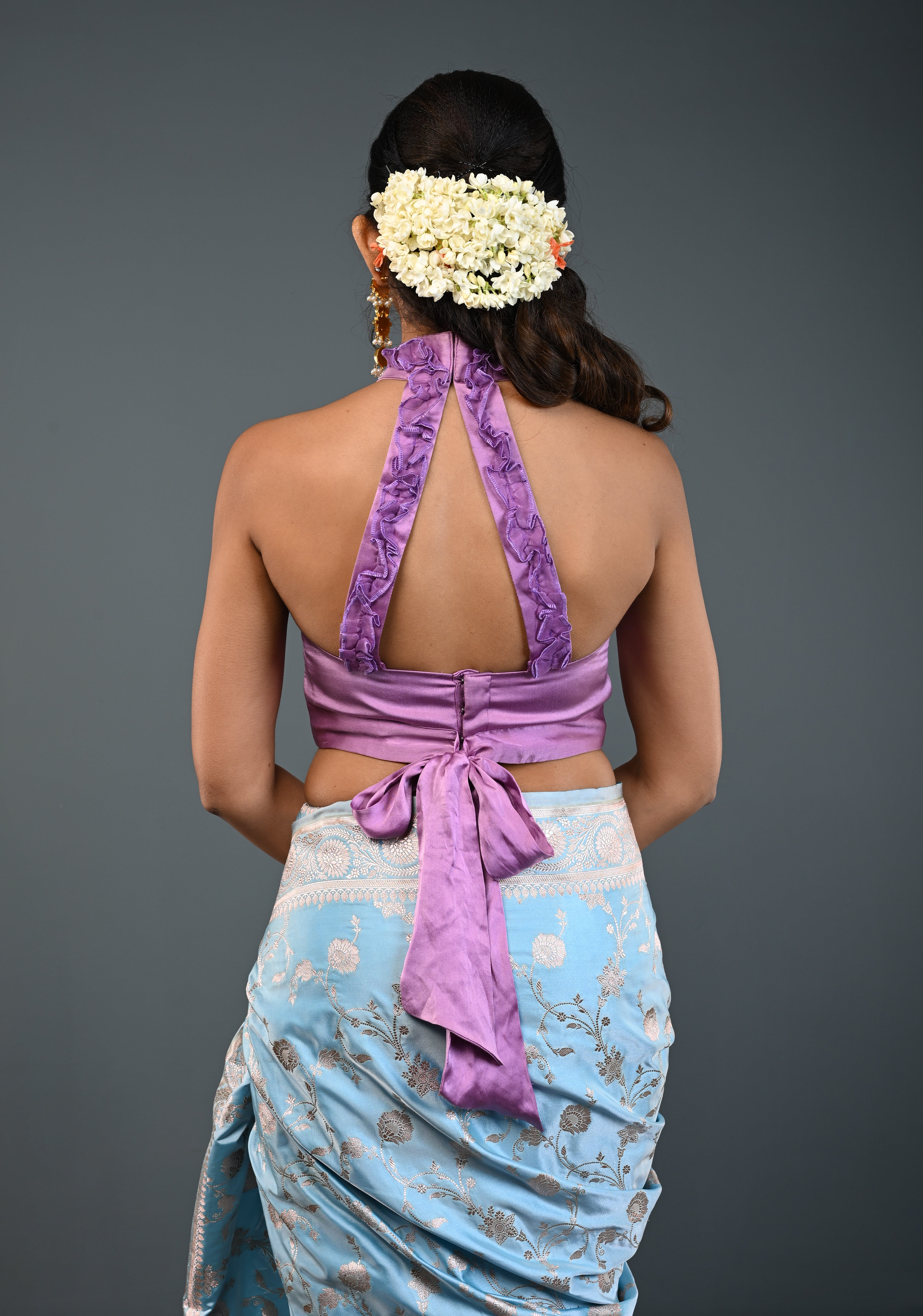 Lilac Satin Blouse with Halter Neck and Ruched Organza Detailing , Customizable, Made to Order | Shobitam