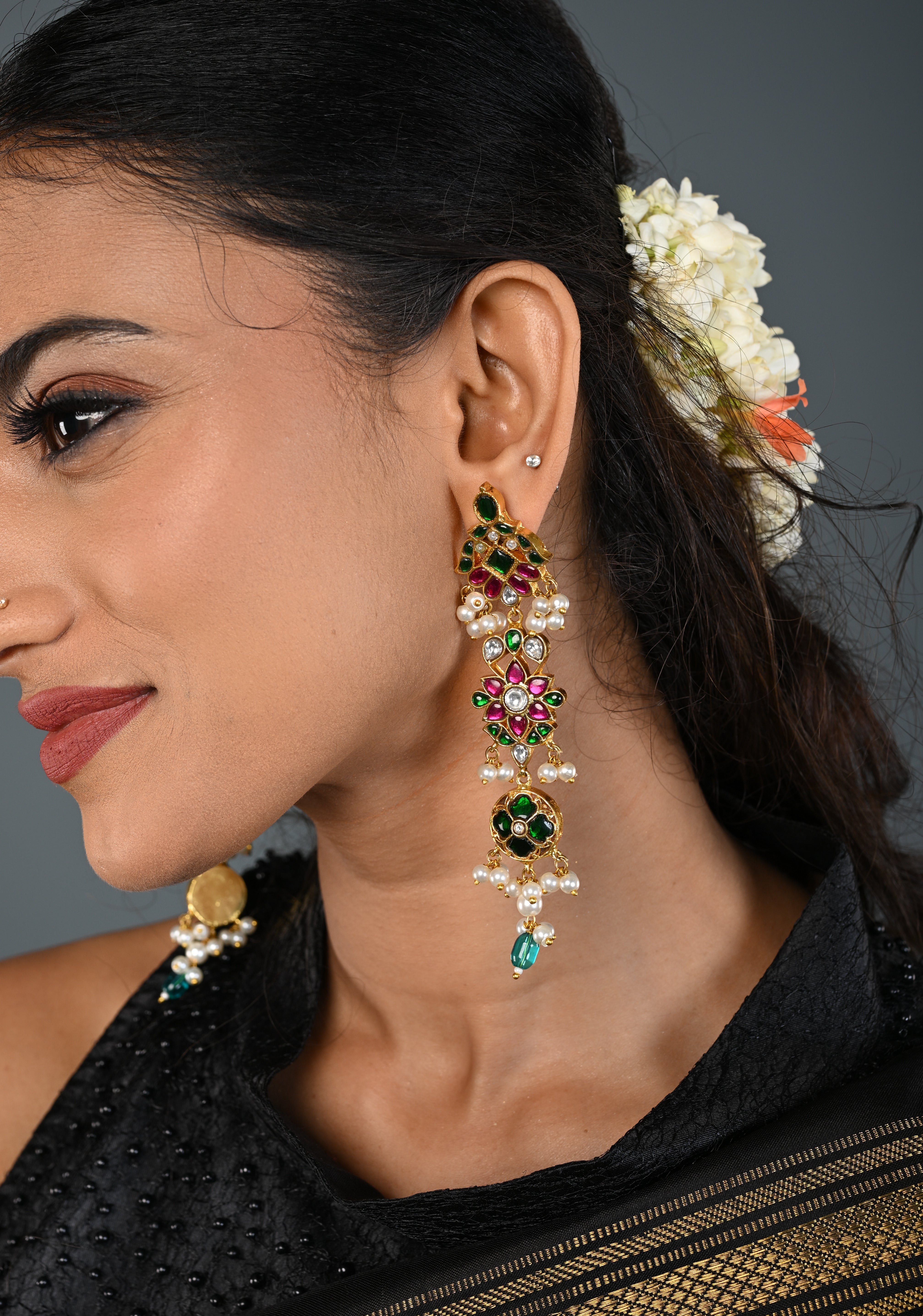 Ahmedabadi Jadau Statement of Intricate Kundan Floral Design Earrings Dangling Pearls | SHOBITAM