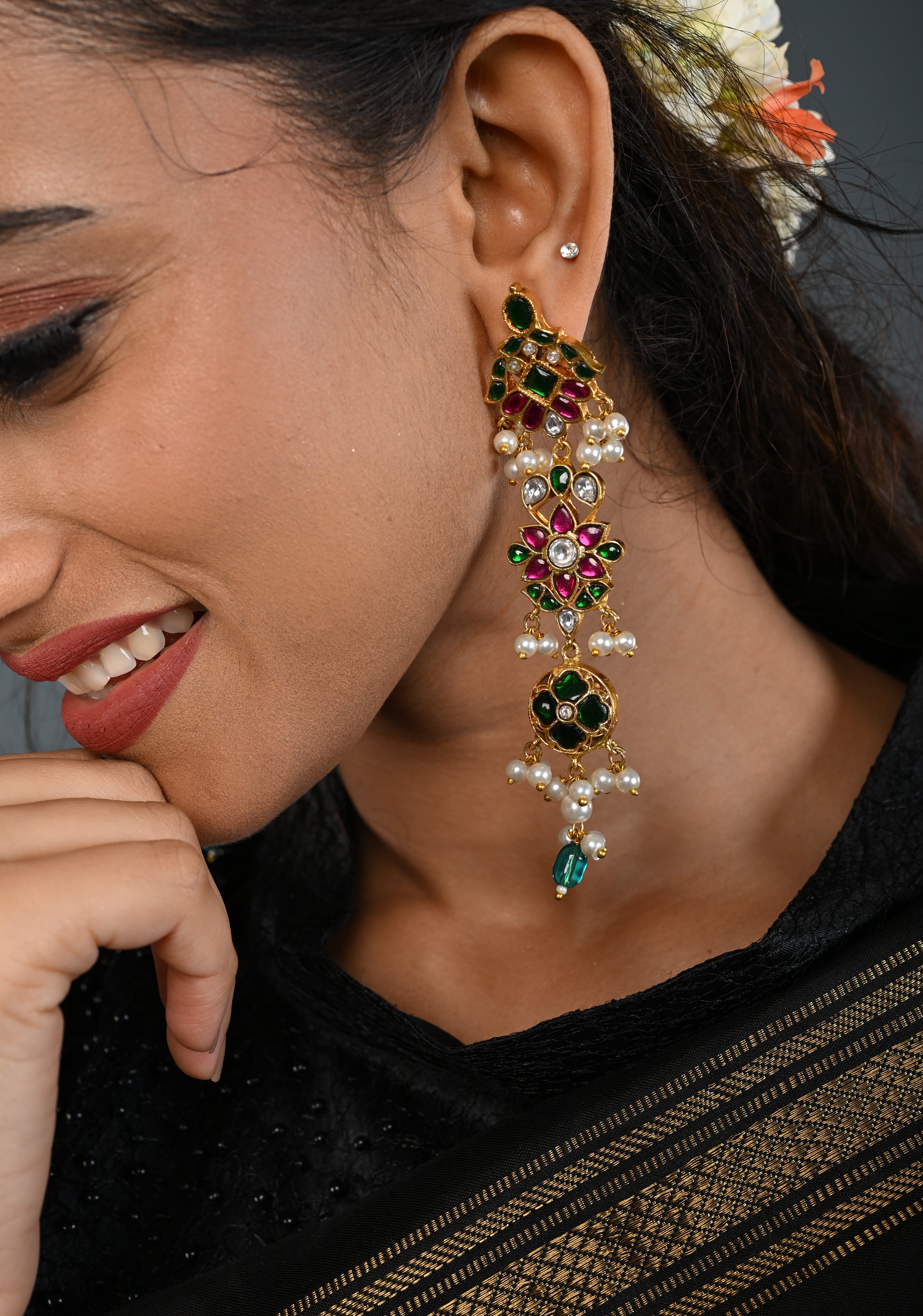 Ahmedabadi Jadau Statement of Intricate Kundan Floral Design Earrings Dangling Pearls | SHOBITAM