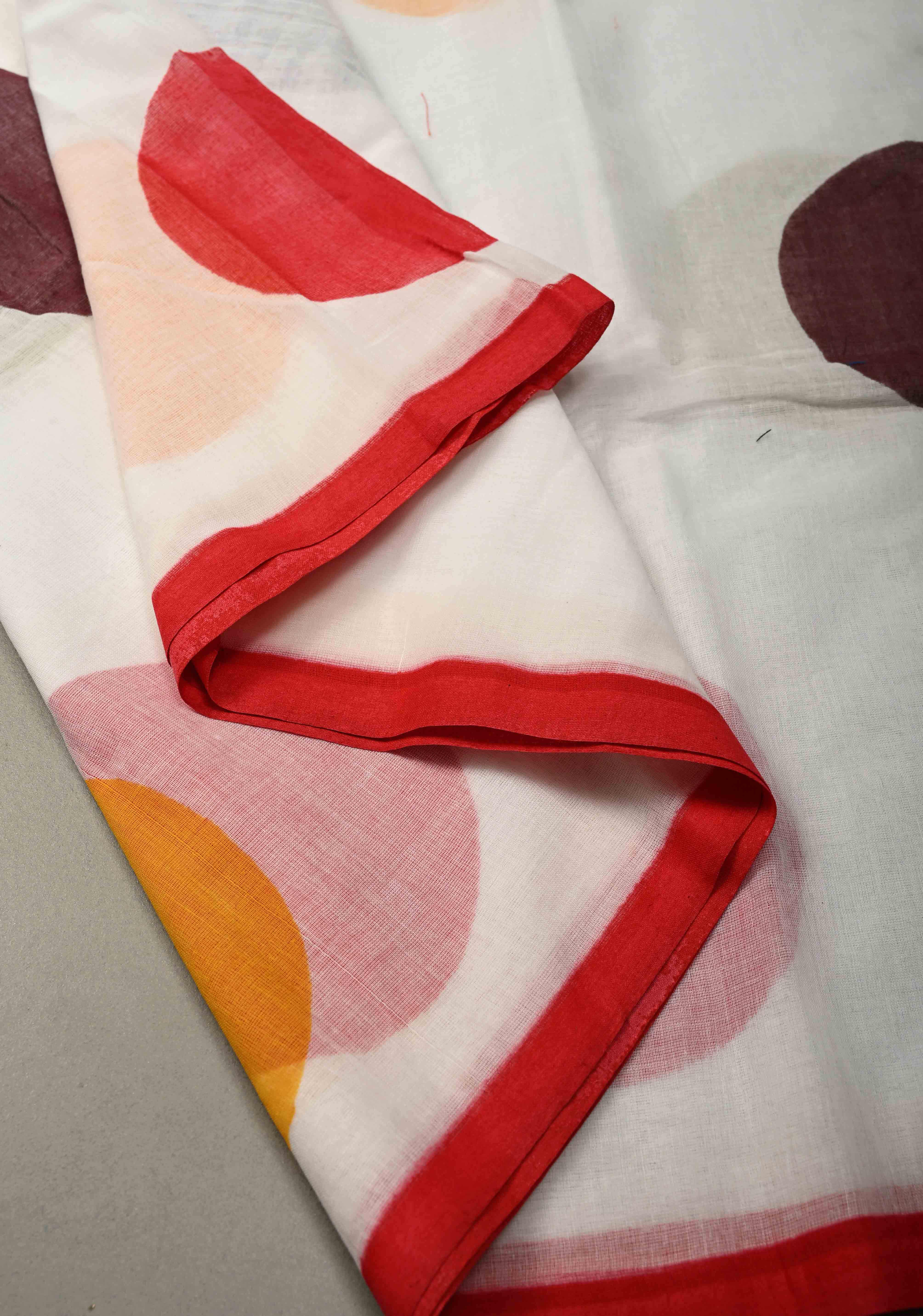 Ivory Mulmul Cotton Saree with Hand Painted Circle Buttas and Multihue Tassels, No Blouse Piece |Shobitam