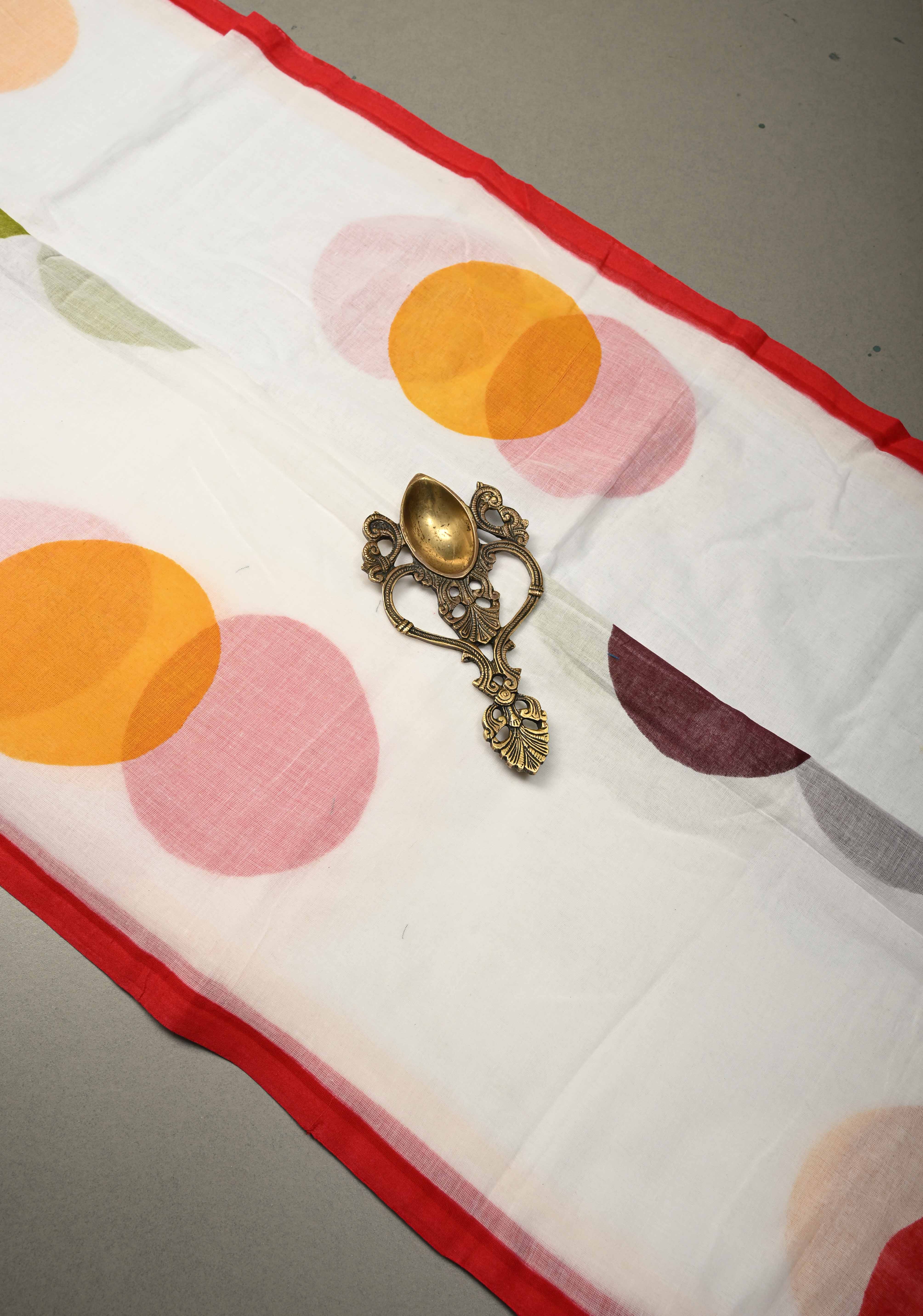 Ivory Mulmul Cotton Saree with Hand Painted Circle Buttas and Multihue Tassels, No Blouse Piece |Shobitam