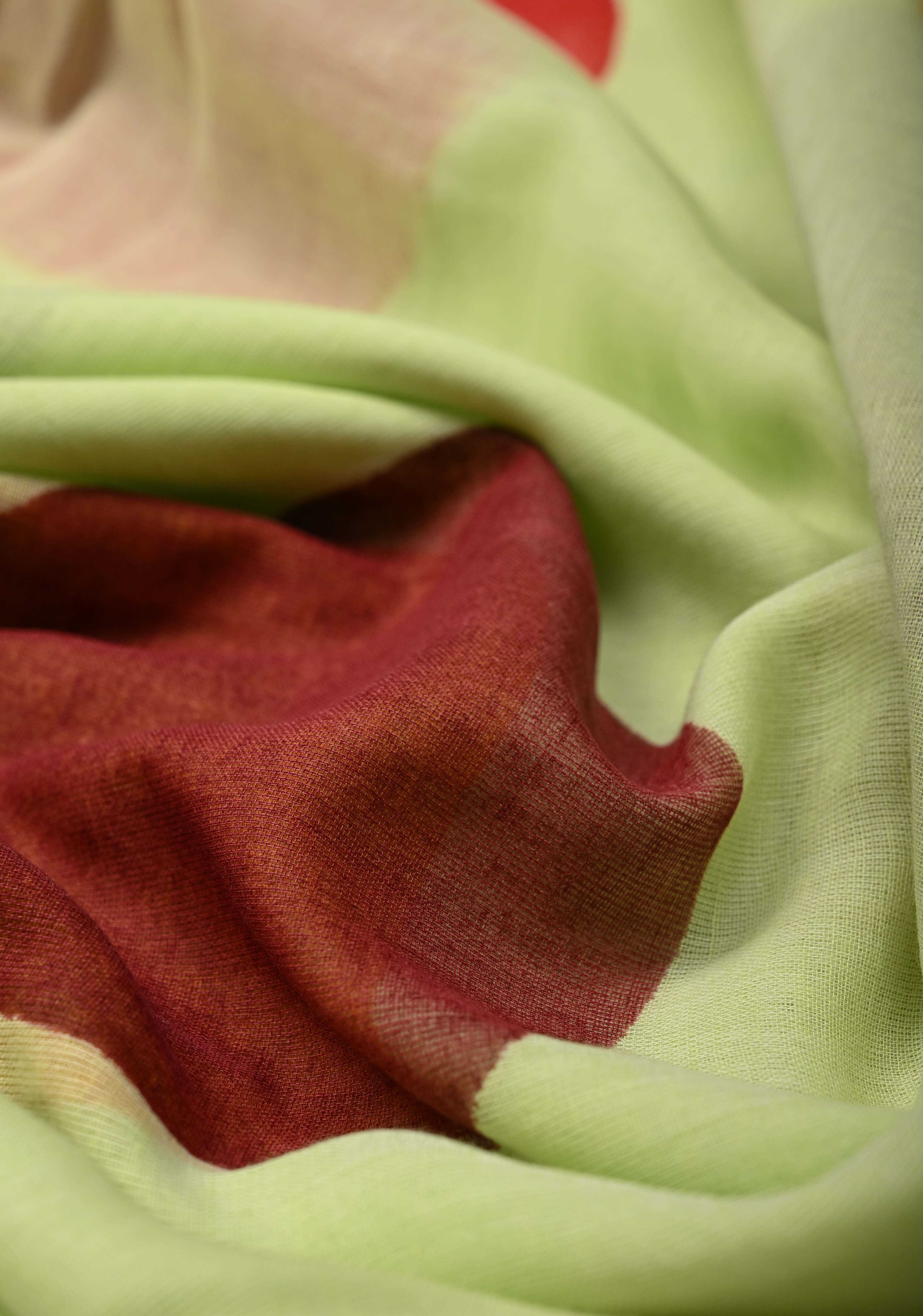 Tea Green Mulmul Cotton Saree with Hand Painted Circle Buttas and Multihue Tassels, No Blouse Piece |Shobitam