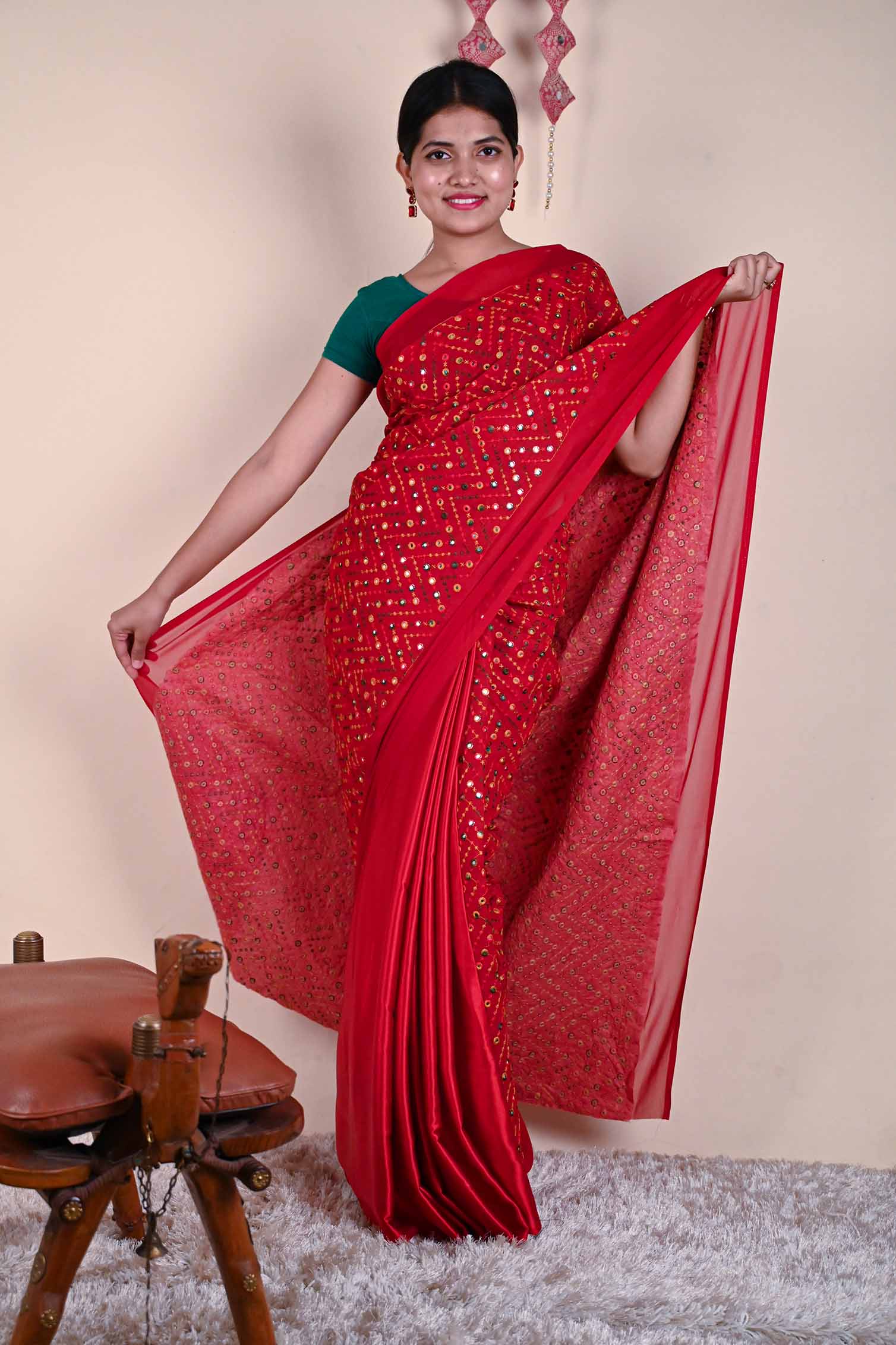 Designer embroidered Mirror Work Half and Half readymade one minute saree - Isadora Life