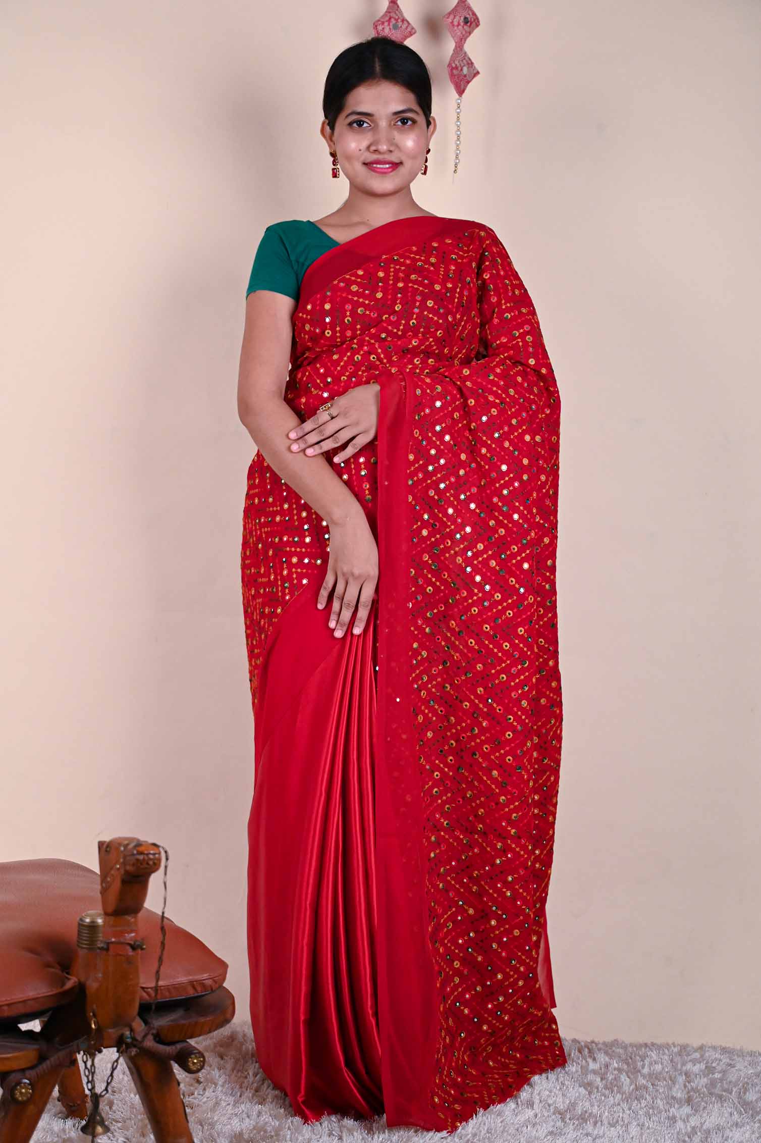 Designer embroidered Mirror Work Half and Half readymade one minute saree - Isadora Life