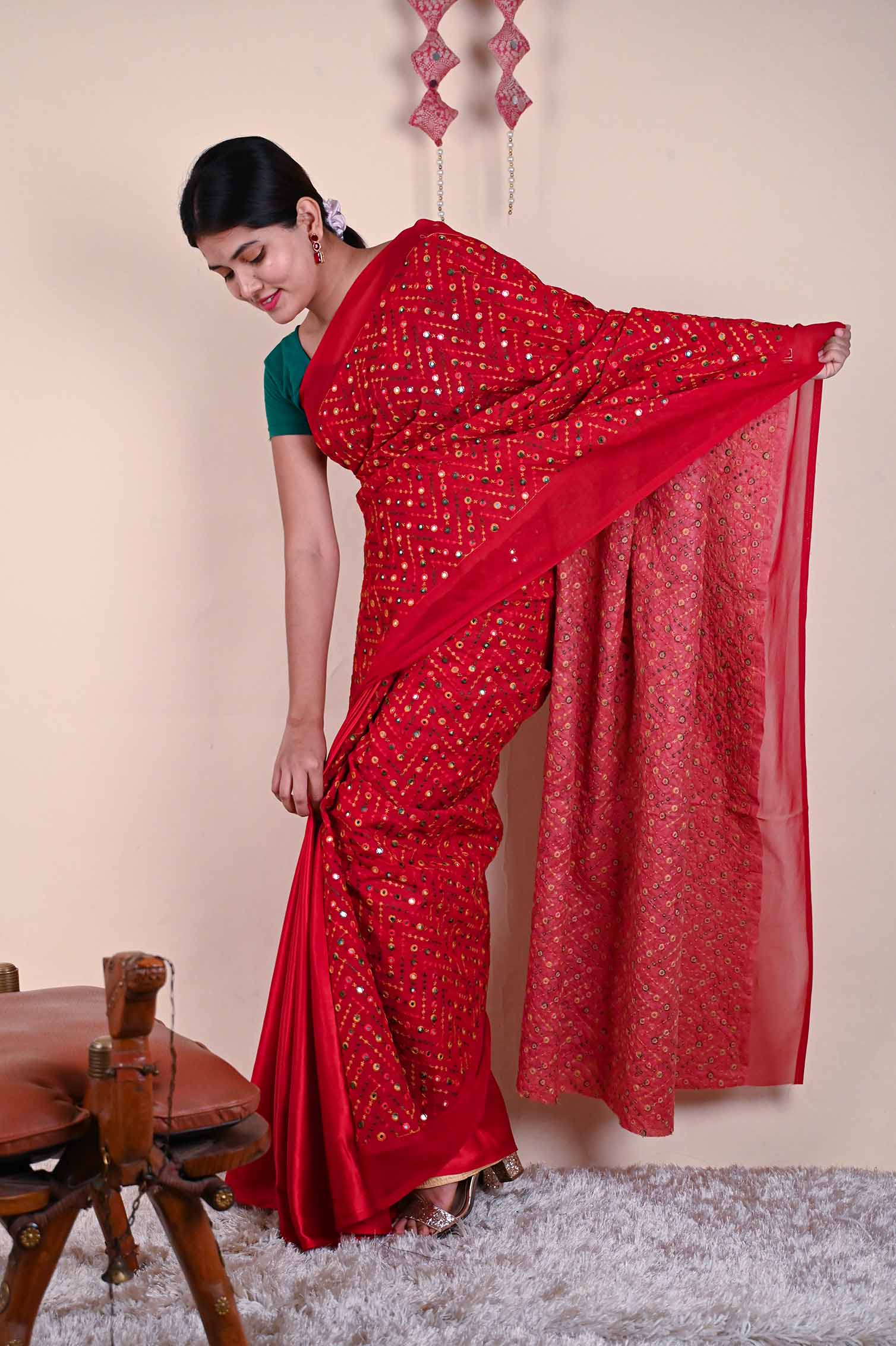 Designer embroidered Mirror Work Half and Half readymade one minute saree - Isadora Life