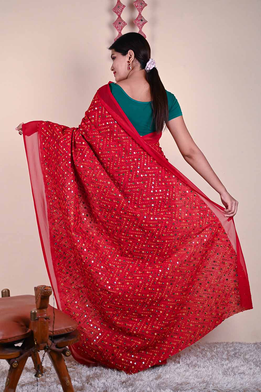 Designer embroidered Mirror Work Half and Half readymade one minute saree - Isadora Life