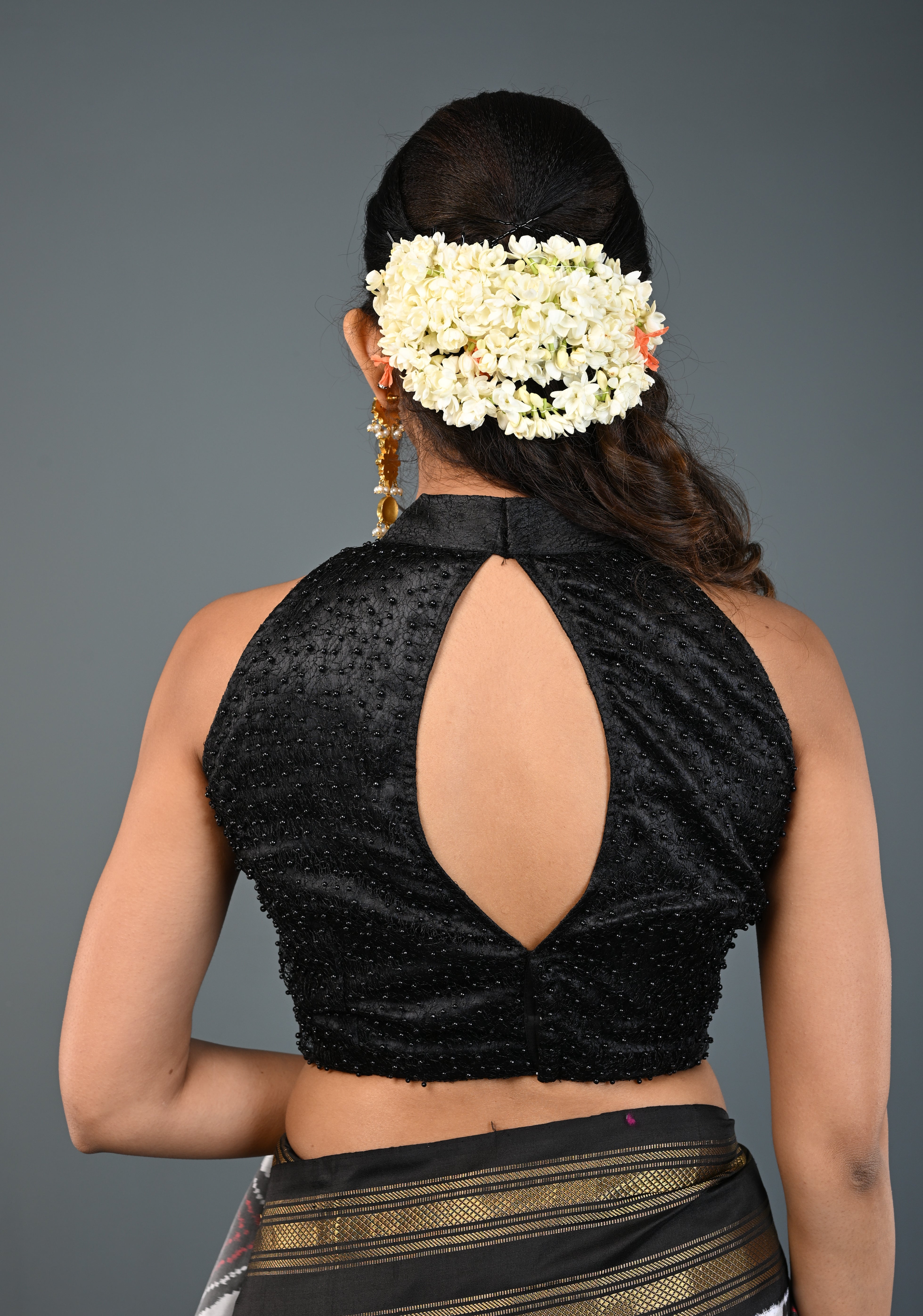 Black Beads on Net Unique Blouse with Halter Neck , Customizable, Made to Order | Shobitam