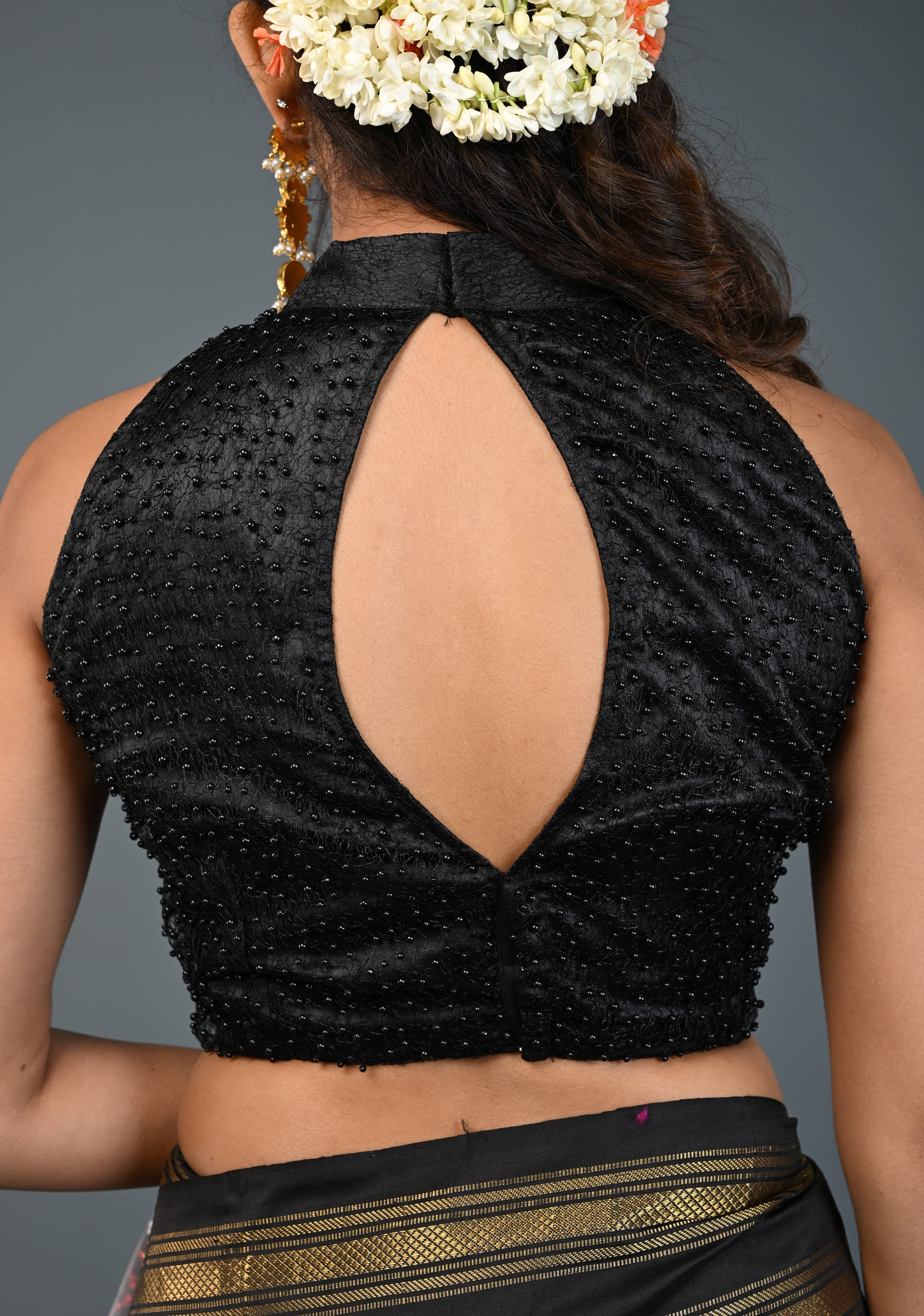 Black Beads on Net Unique Blouse with Halter Neck , Customizable, Made to Order | Shobitam