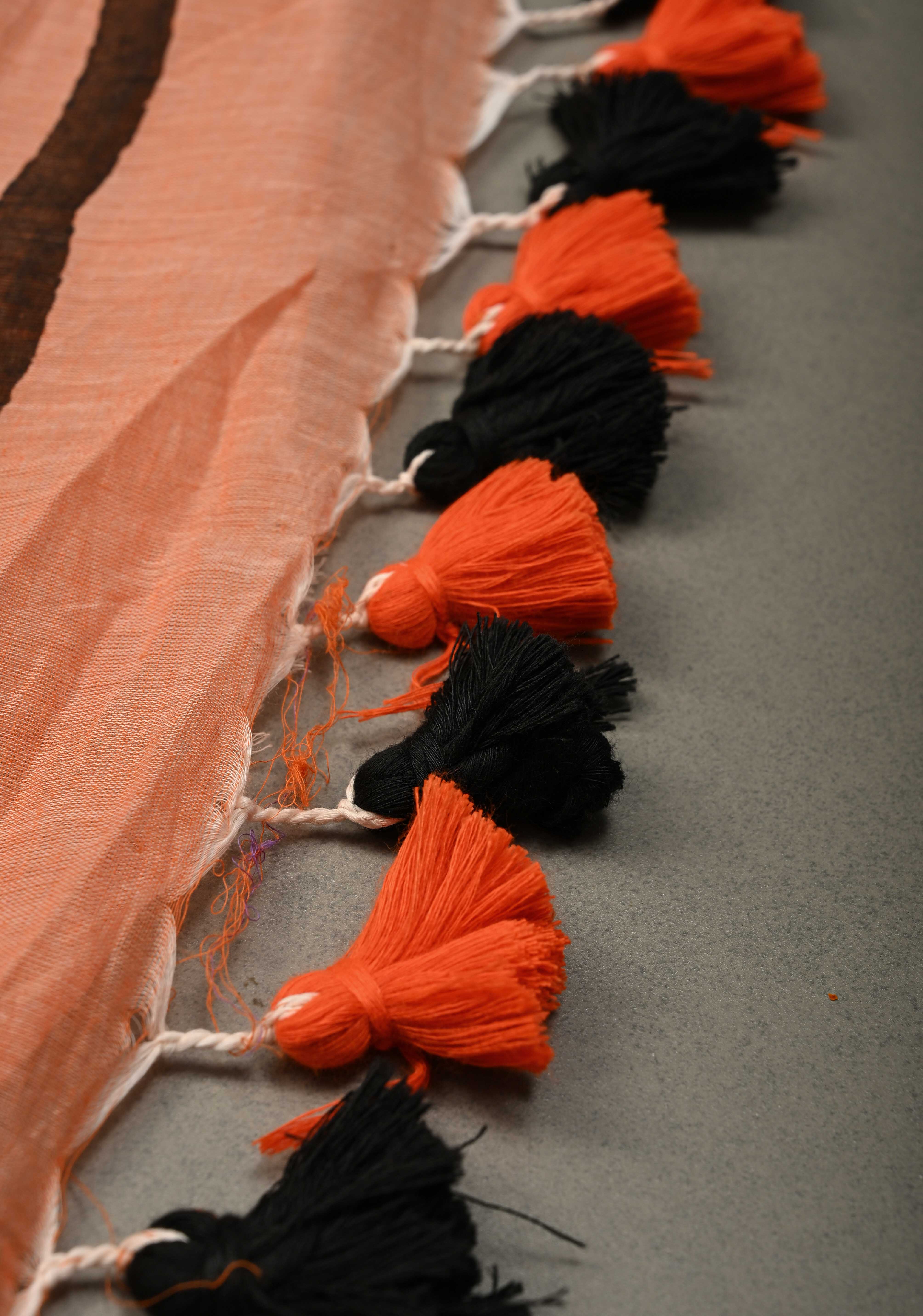 Coral Orange Mulmul Cotton Saree with Hand Painted Circle Buttas and Multihue Tassels, No Blouse Piece |Shobitam