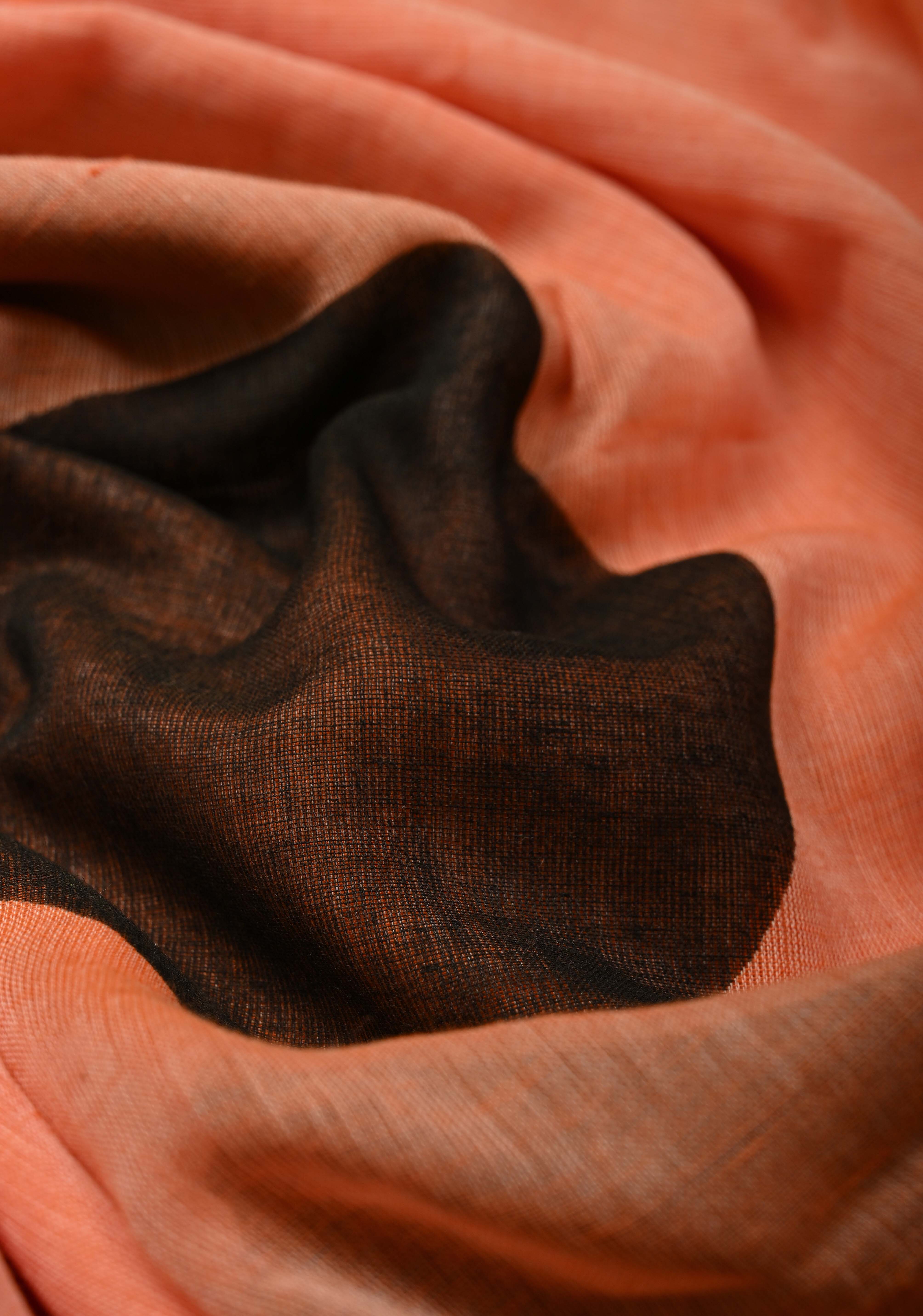 Coral Orange Mulmul Cotton Saree with Hand Painted Circle Buttas and Multihue Tassels, No Blouse Piece |Shobitam