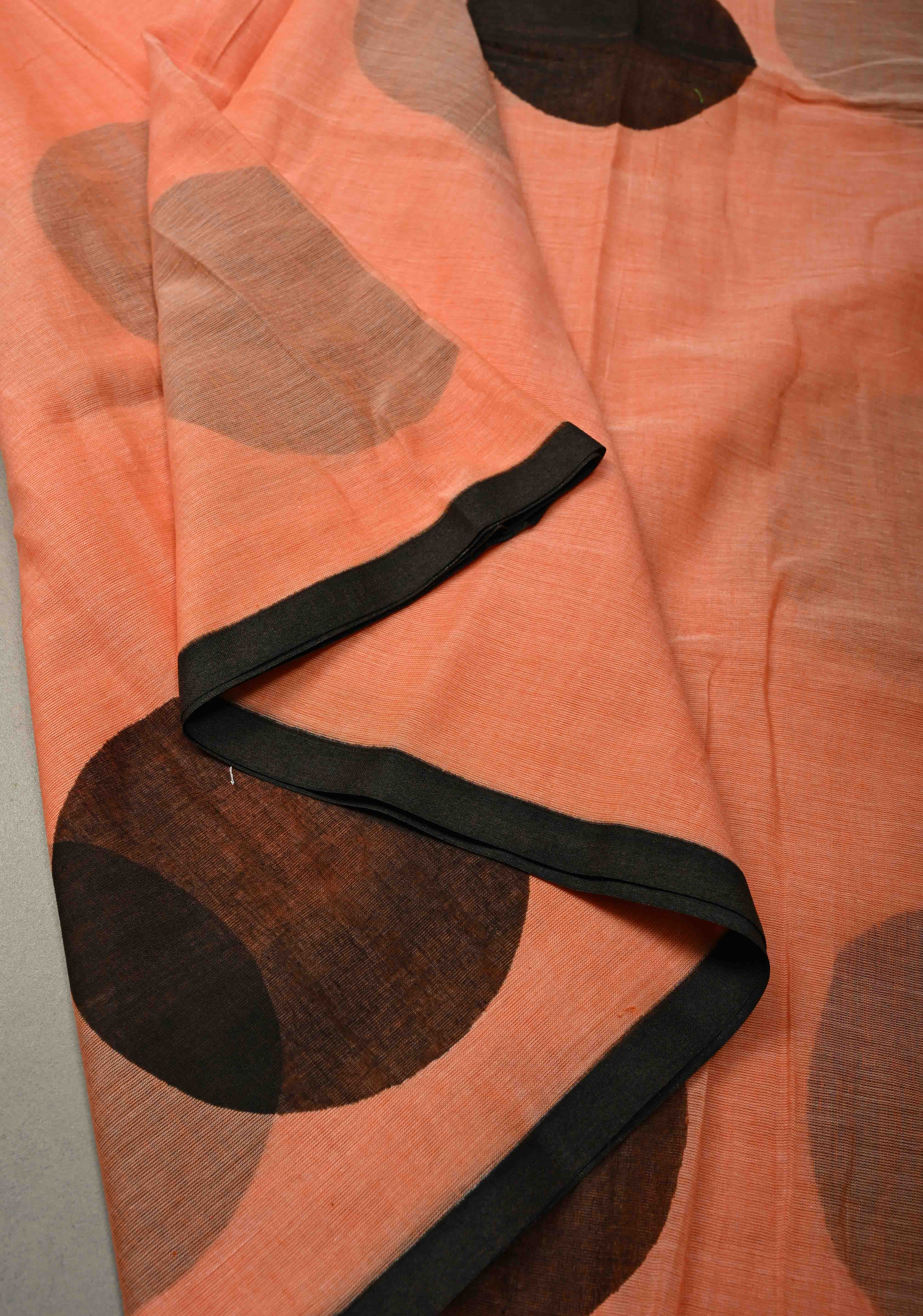 Coral Orange Mulmul Cotton Saree with Hand Painted Circle Buttas and Multihue Tassels, No Blouse Piece |Shobitam