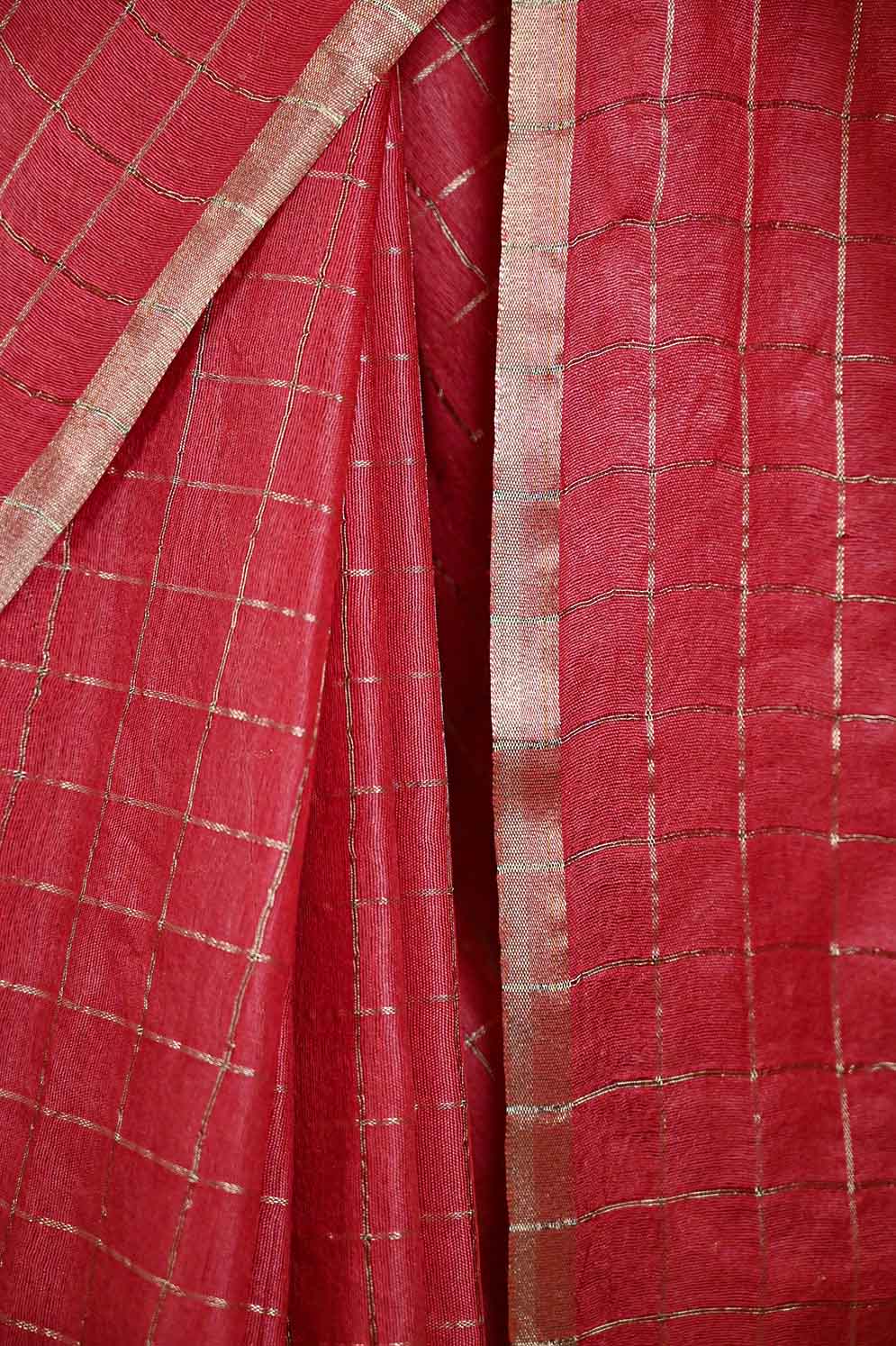 Maroon woven zari checks all over with south cotton silk Wrap in 1 Minute Saree - Isadora Life