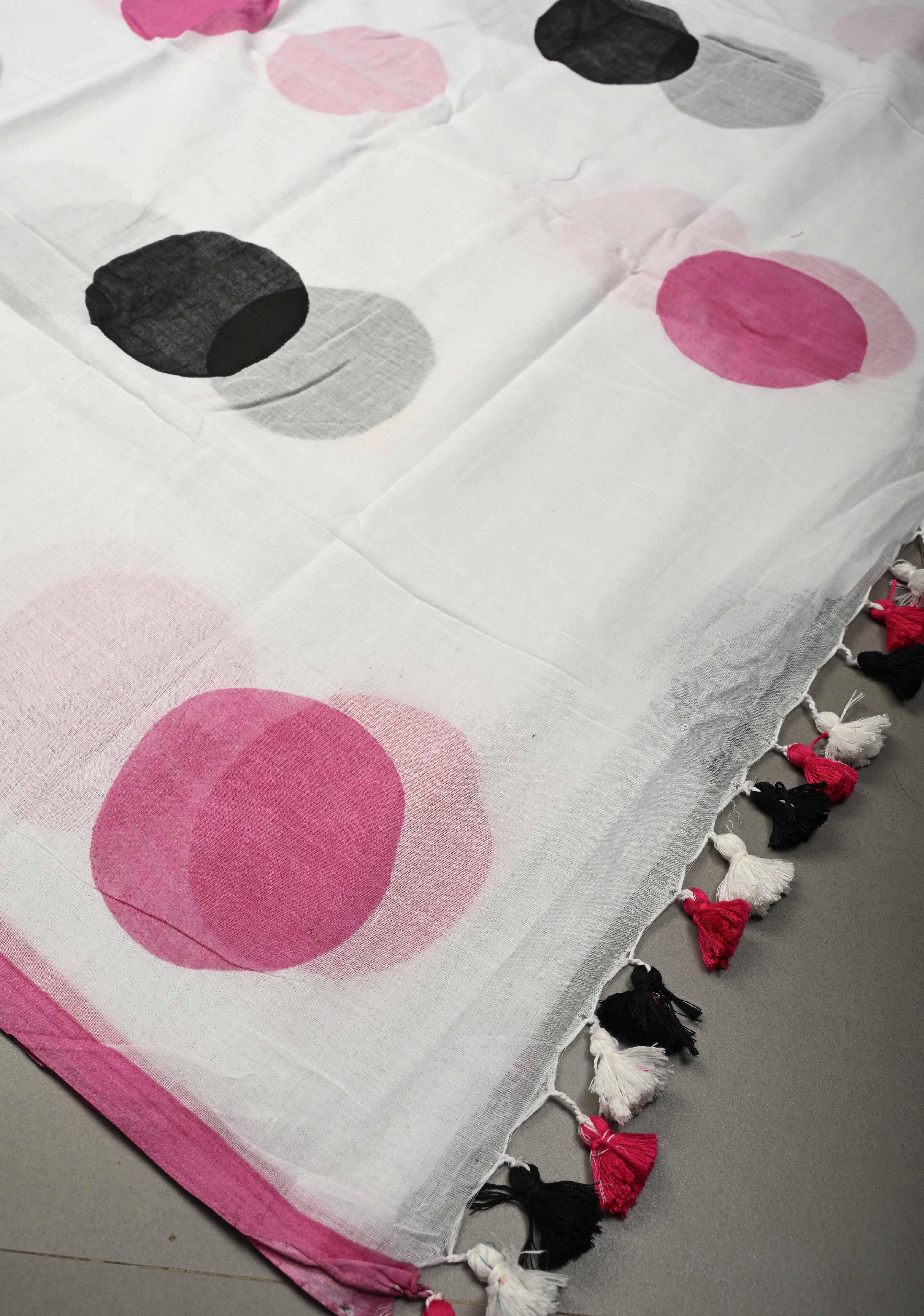 White Mulmul Cotton Saree with Hand Painted Circle Buttas and Multihue Tassels, No Blouse Piece |Shobitam